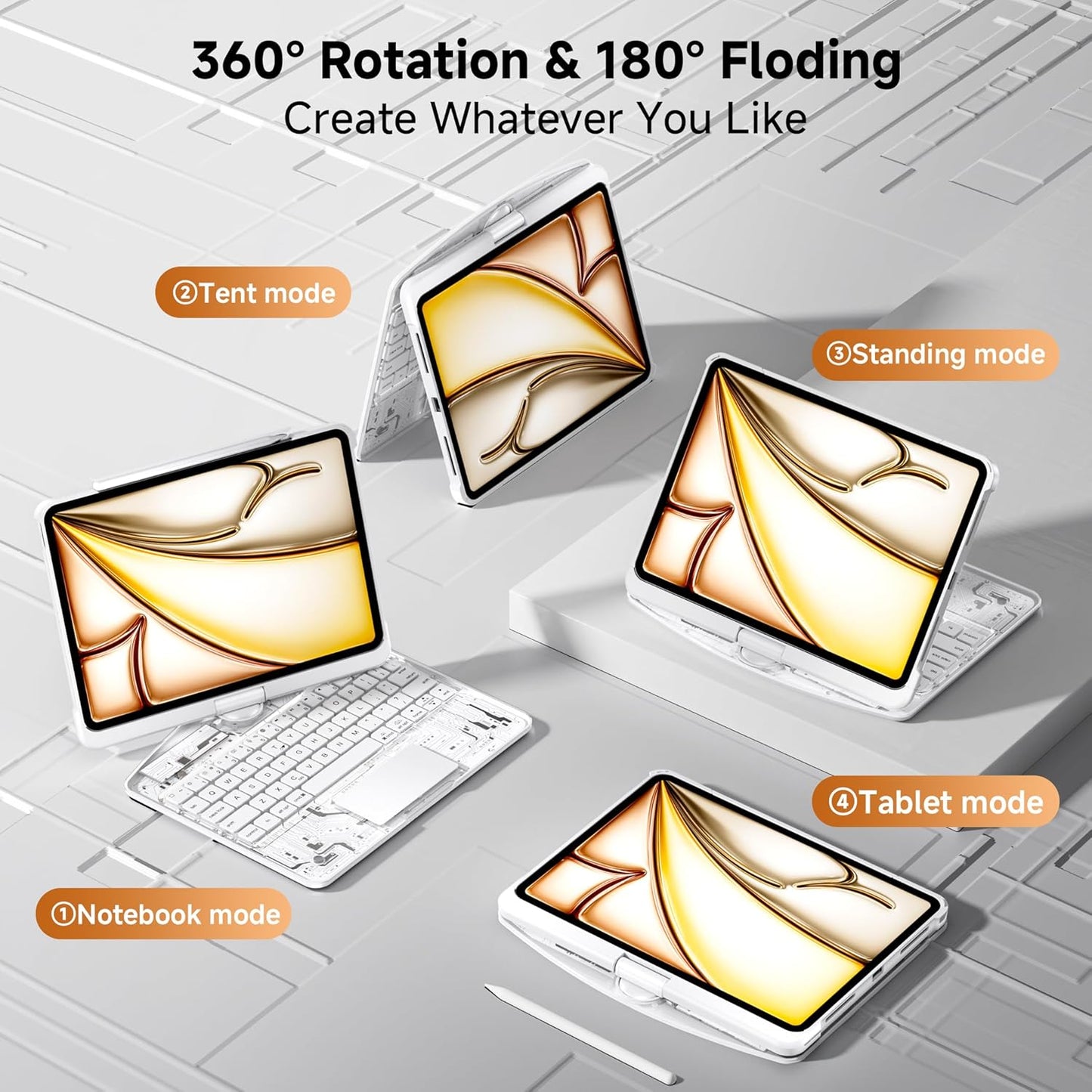 Keyboard Case for iPad 11 inch Pro 4/3/2/1st Gen & 11’’ iPad Air 2025 M3, 2024 M2 & 10.9" iPad Air 5th/4th Gen, 360° Rotating Stand Transparent Protective Cover with Pencil Holder (White)