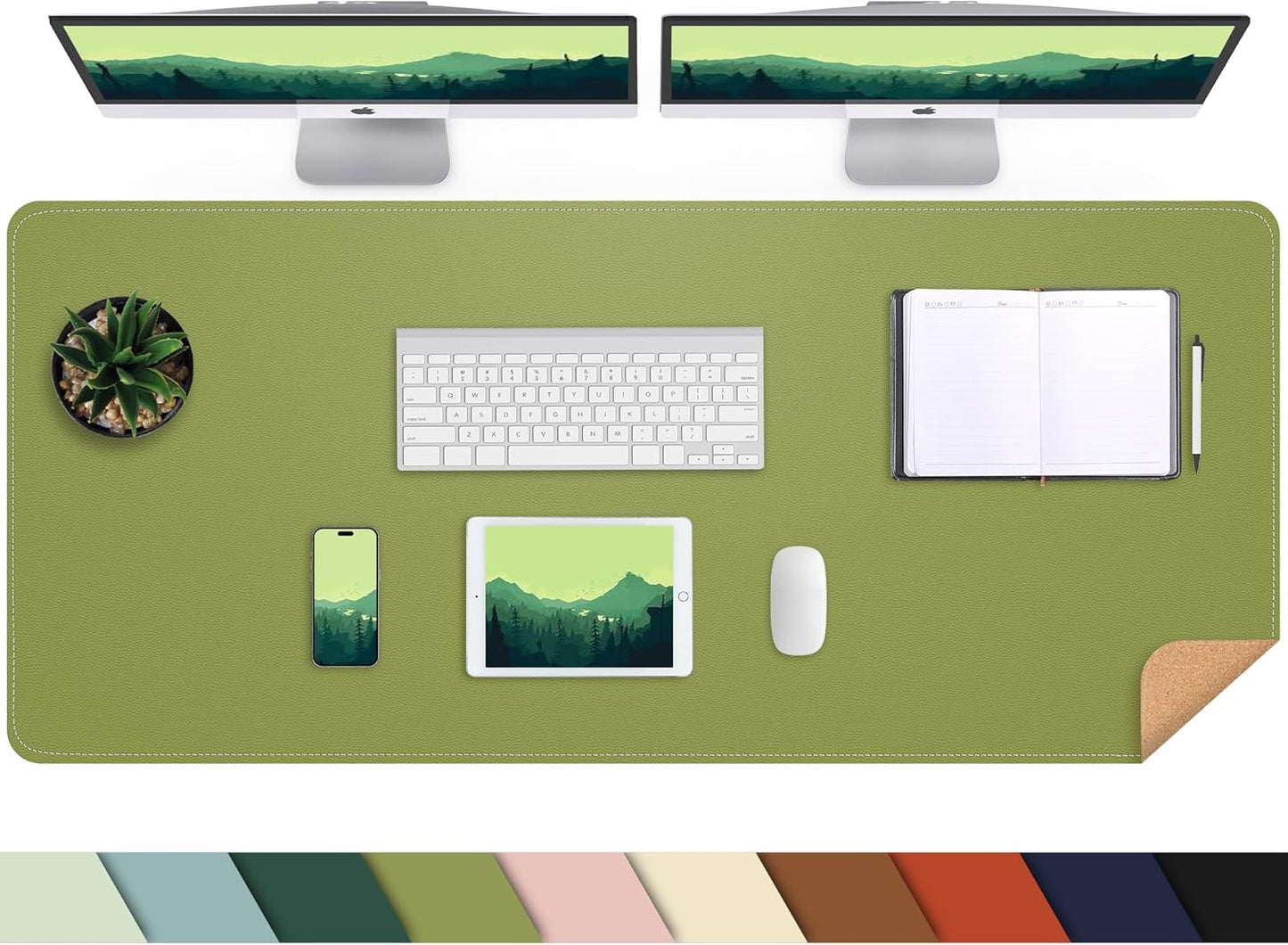Leather Desk pad Protector, Large Desk mat with Natural Cork & PU Leather,Mouse pad,Non-Slip Office Desk Mat,Waterproof Desk Writing Pad for Office and Home (47in*23.7in, Olive Green)