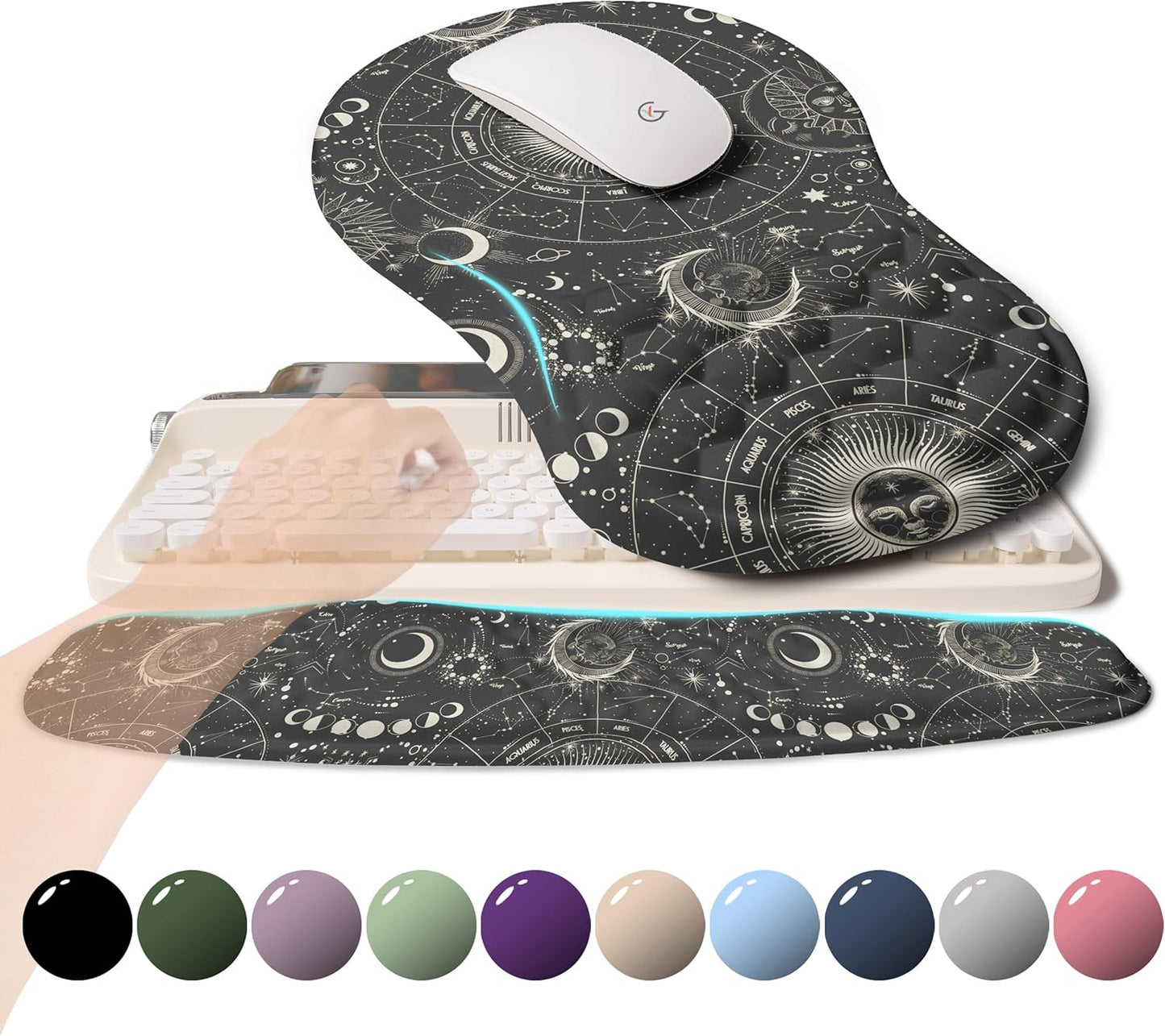 2-in-1 Ergonomic Set, Wave Rise Keyboard Wrist Rest and Massage Bulge Slope Mouse Pad Wrist Support, Cushion Memory Foam Integrated to Relieve Wrist Pain, Constellation