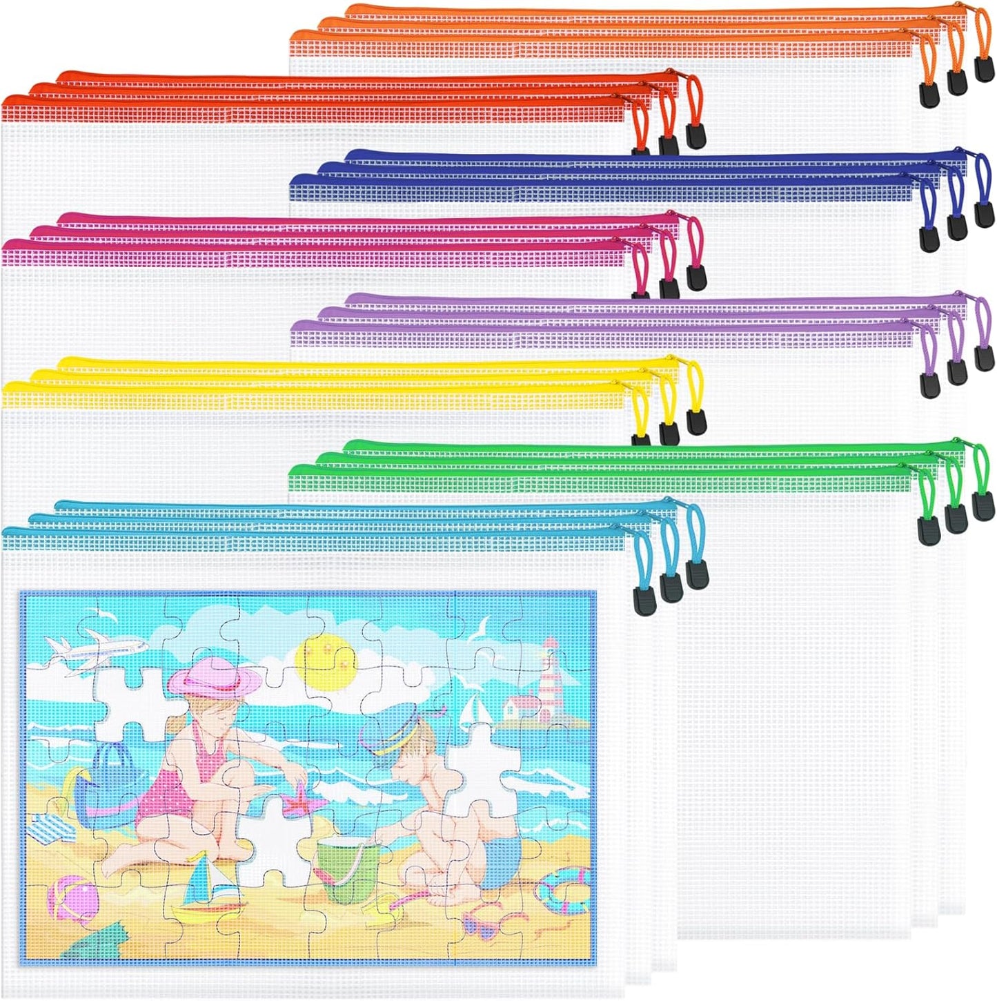 24pcs Mesh Zipper Pouch File Bags, Large Puzzle Storage Bags, A3 17x12 Inch Reusable Classroom Pouches for Organizing, 8 Colors