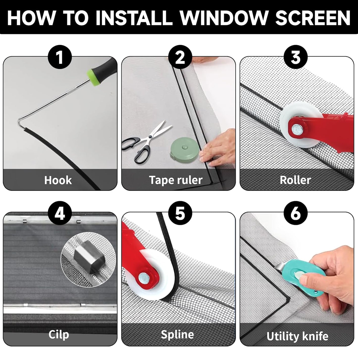 Window Screen Door Repair/Replacement Kit,48" x178" Adjustable Durable Fiberglass Window Screen Mesh,with Spline/Roller/Hook/Clips Screen Door Repair Kit,DIY Window,Porch Sliding Door(Grey)