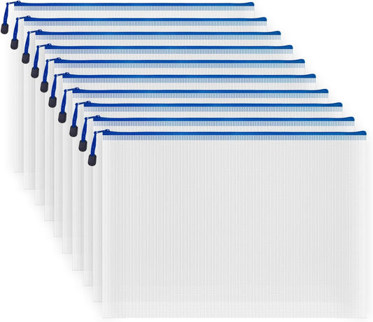 AUSTARK 10 Pcs Zipper File Bags, Waterproof Plastic Mesh Pouch for Office School, Board Game Storage Bags (A3 Size 16.9''x12'', White and Blue)
