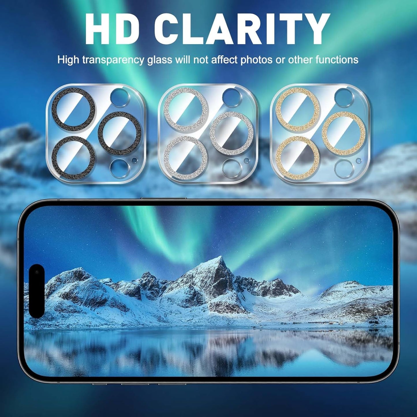 LucBuy 3PCS Sparkling Camera Lens Protector for iPhone 16 Pro/iPhone 16 Pro Max, Full Clear Acrylic Cover with Shiny Colorful Glitter Decoration Back Camera Protector