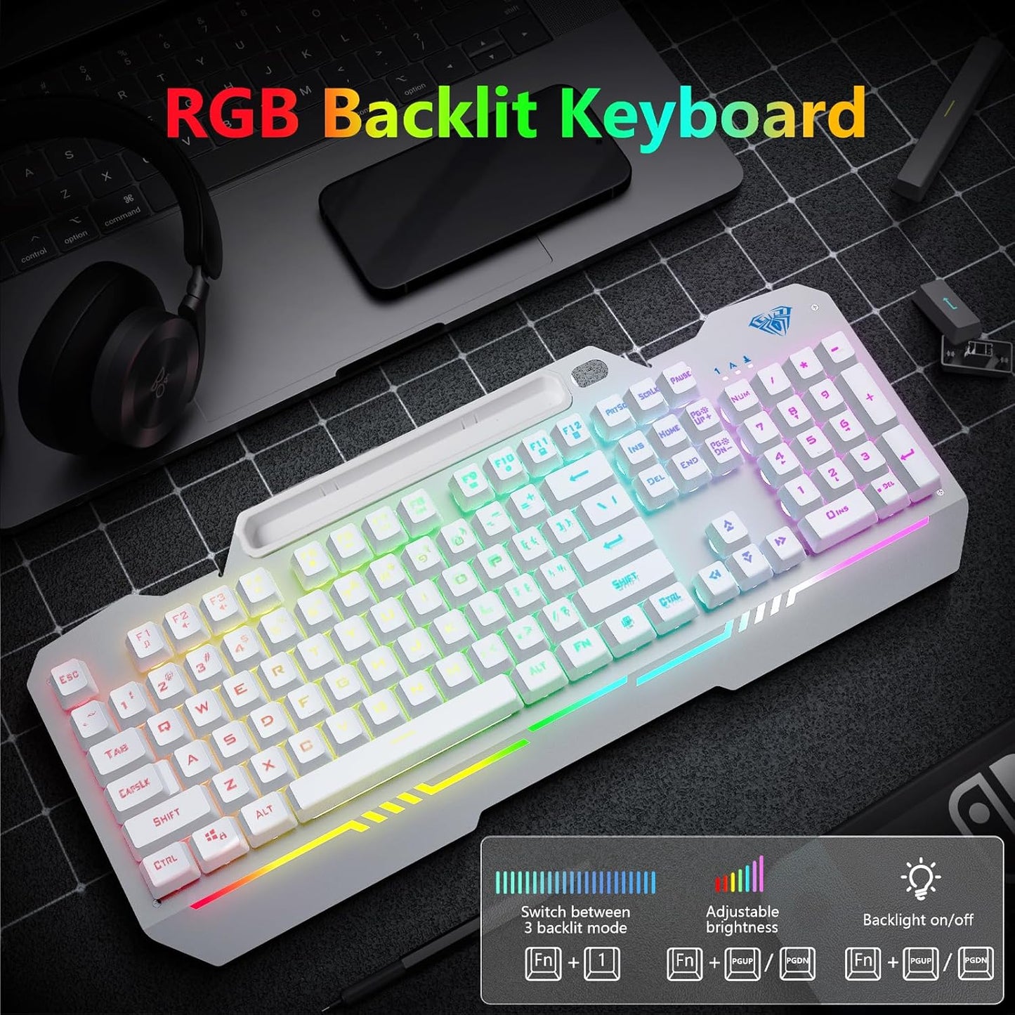 AULA Gaming Keyboard, T102 104 Keys Keyboard and Mouse Combo, USB Wired Computer Keyboards Mechanical Feel Full Size, RGB Backlit for PC/Laptop Gaming or Working/Office (White)