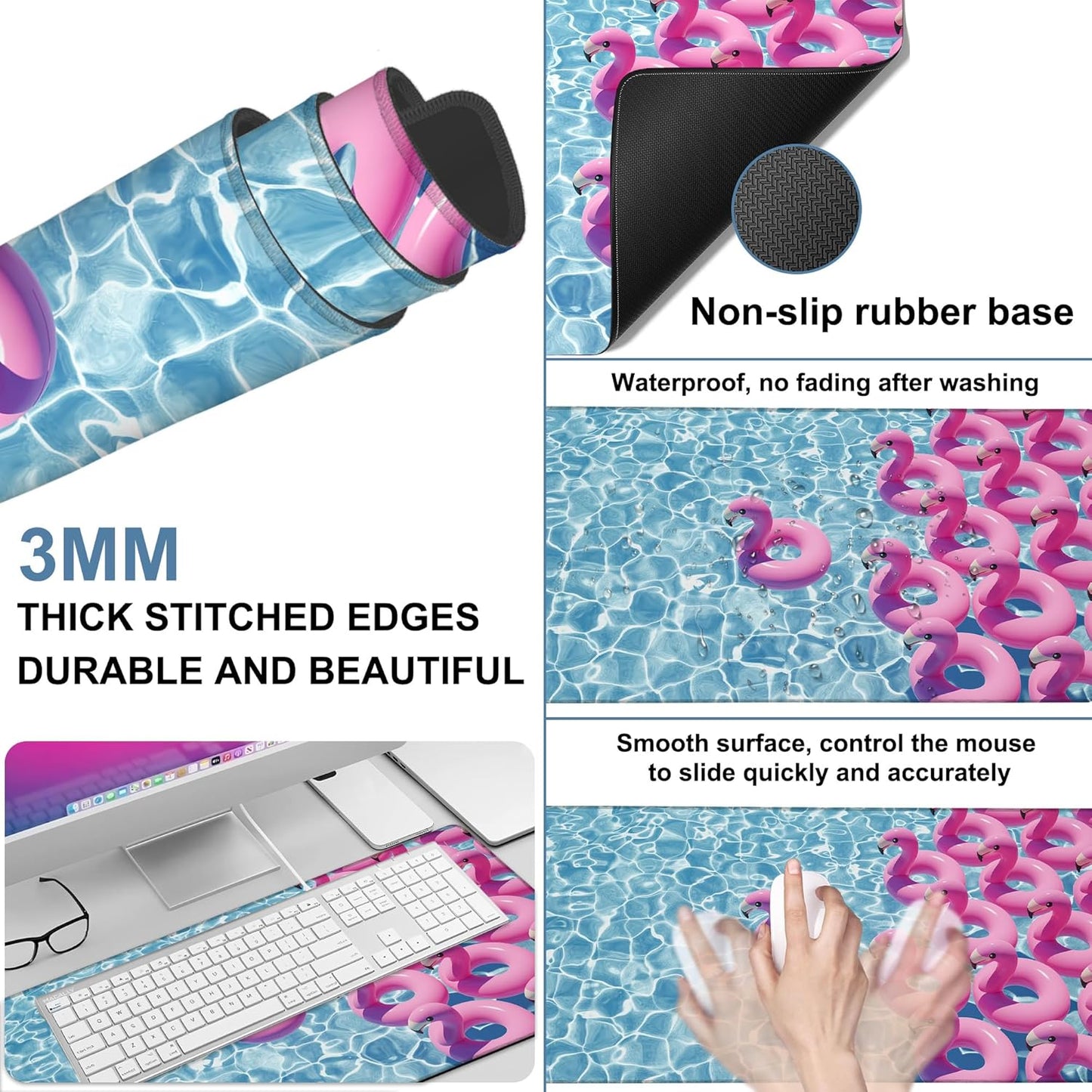 Gaming Desk Pad Large Extra Length Pink Flamingos Mouse Pad Keyboard Laptop Non-Slip Waterproof with Rubber Base Thick Stitched Edge Mouse Mat for Office Home 35.4 x 15.7 Inches