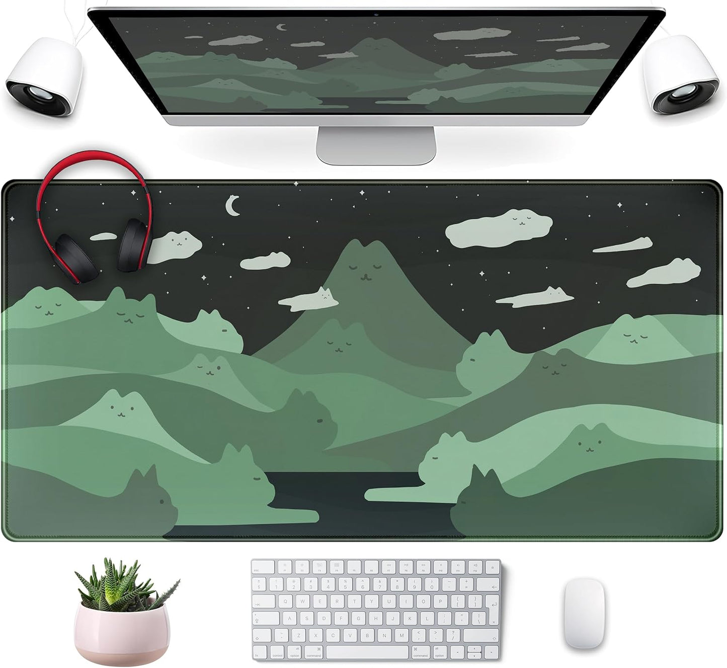 Anime Green Cats Mouse Pad Desk Pad Kawaii Cartoon Cat Desk Mat Cute, XXL Large Laptop Gaming Mousepad Keyboard Mouse Mat, Office Desk Decor matt for Women with Stitched Eges Pad, 31.5x15.75 in