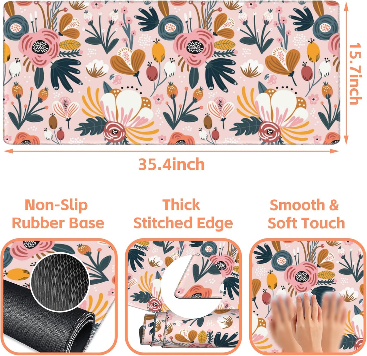 Mouse Pad Large Flowers and Leaves Non-Slip Game Desk Mat with Stitched Edge Laptop Keyboard Desk Pad for Work Home Gaming (35.4 x 15.7 Inches)