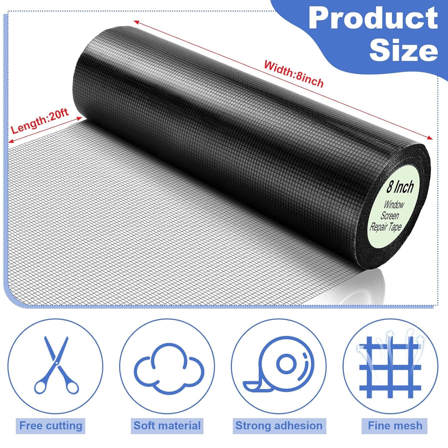 Extra Wide 8 inch x 20 ft Window Screen Tape Mesh Repair Strong Adhesive Waterproof Fiberglass Screen Repair Kit Patch for Window Door Tears Holes(Black)