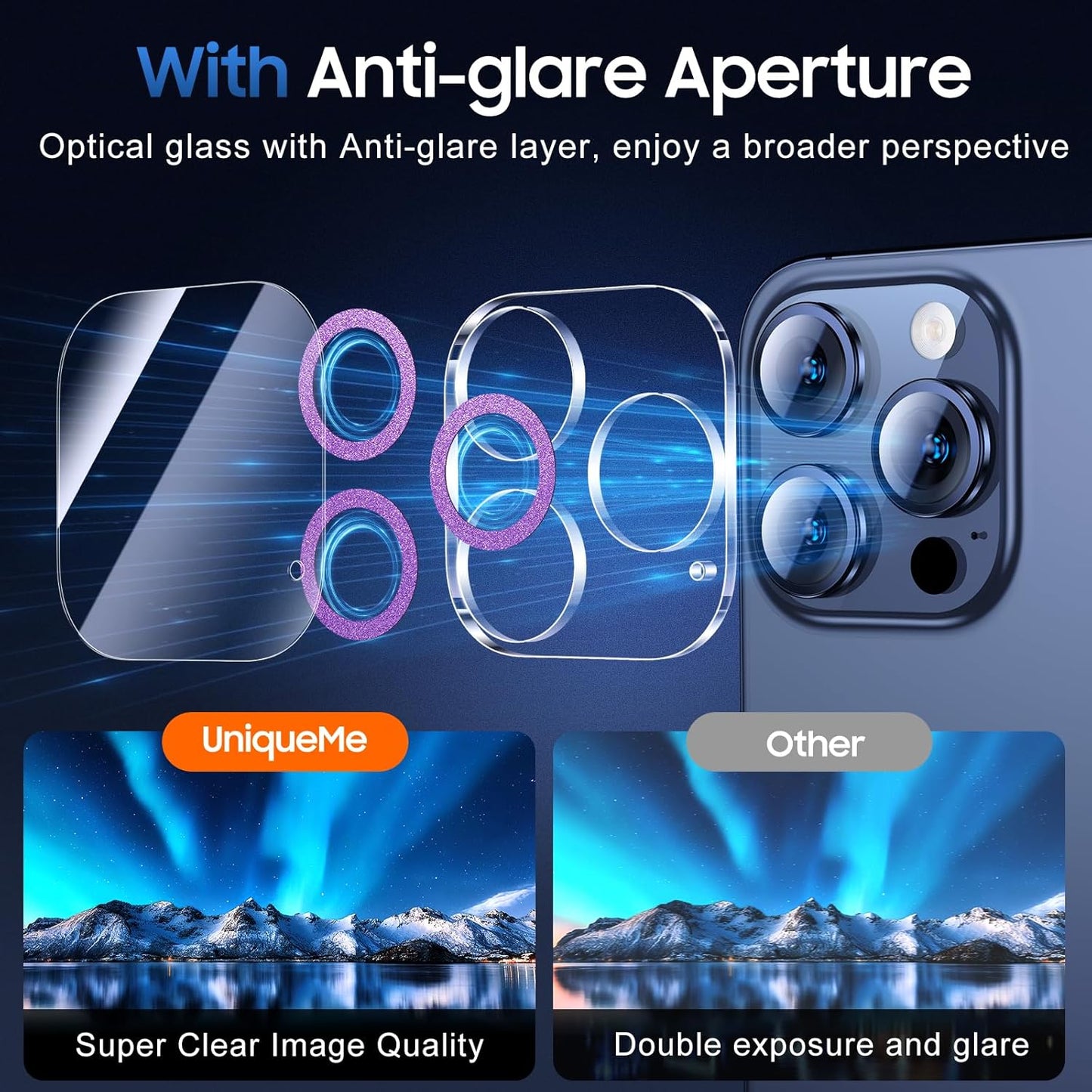 UniqueMe for 3 Pack iPhone 15 Pro/iPhone 15 Pro Max Camera Lens Protector, [Drop Protection] [Case Friendly] 9H Tempered Glass Camera Cover Screen [Update New Version] - Bright Purple