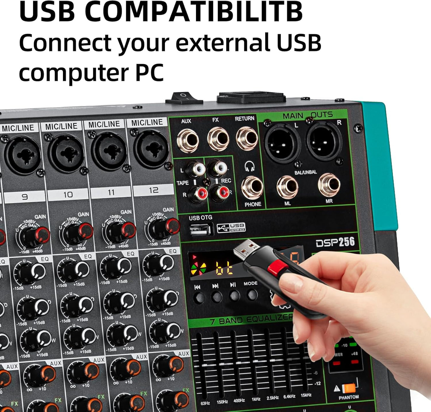 Depusheng PA12 Professional Audio Mixer Sound Board Console Desk System Interface 12 Channel Digital USB Bluetooth MP3 Computer Input 48V Phantom Power Built-in 256 Reverb Effect, Black