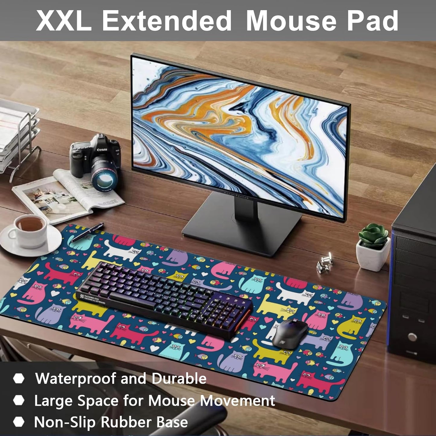 Mouse Pad, Large Cartoon Cats and Fish Desk Mat, Extended Non-Slip Gaming Keyboard Mousepad Desk Pad, Thick Stitched Edges Waterproof Mouse Mat 31.5"x15.7" (Funny Doodle Kittens)