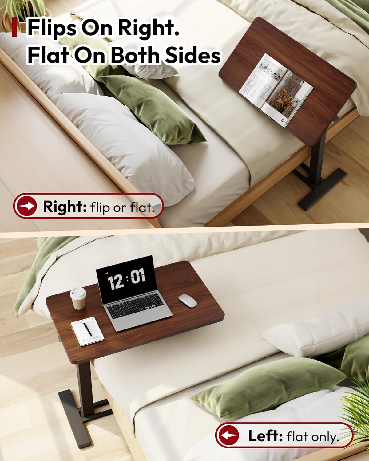 SANODESK Medical Adjustable Overbed Bedside Table with Casters 90° Tilt Top Pneumatic Mobile Rolling Laptop Computer Standing Desk Cart with Tray, Hospital and Home Use(31.5" W x 17.7" D, Walnut)