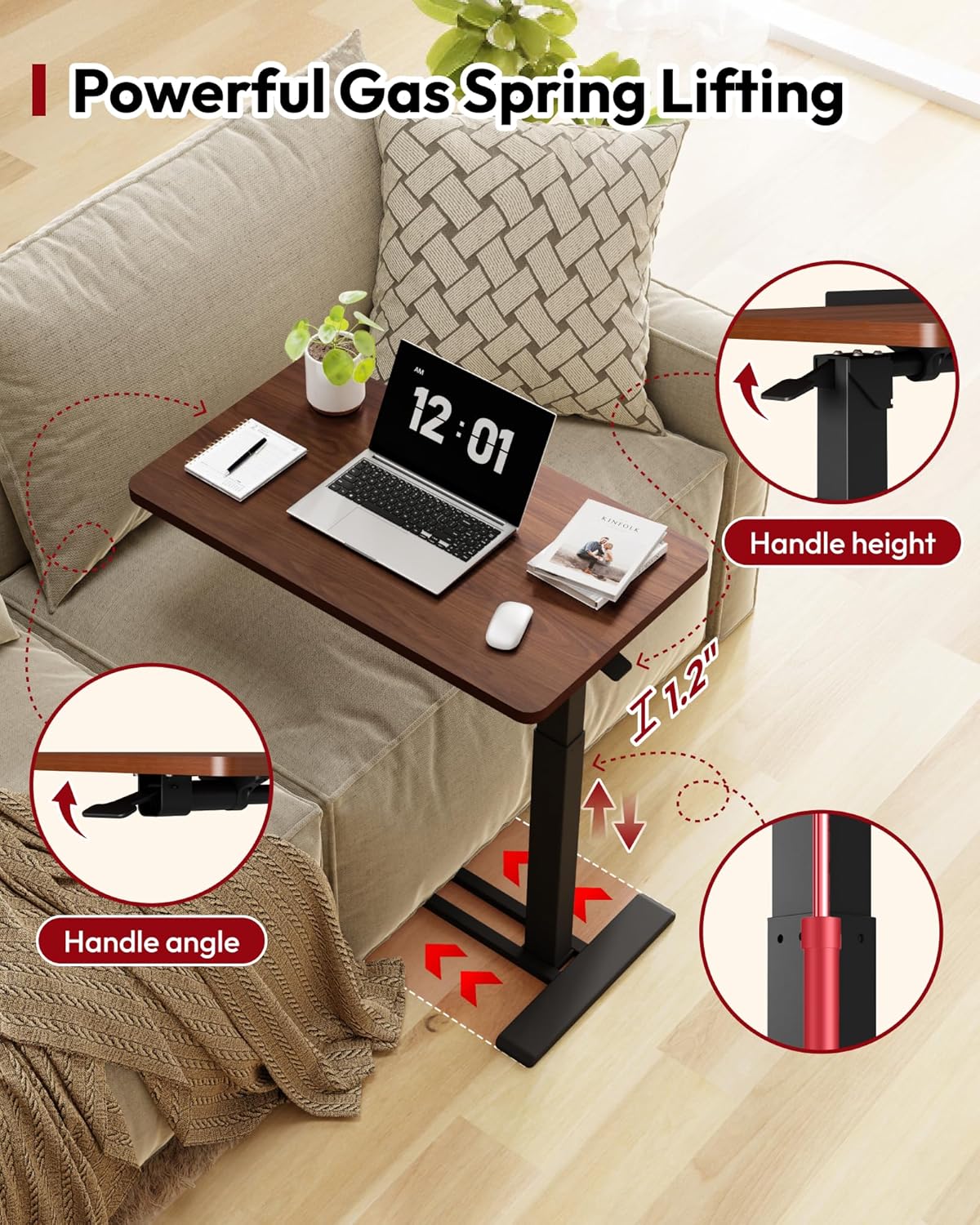 SANODESK Medical Adjustable Overbed Bedside Table with Casters 90° Tilt Top Pneumatic Mobile Rolling Laptop Computer Standing Desk Cart with Tray, Hospital and Home Use(31.5" W x 17.7" D, Walnut)