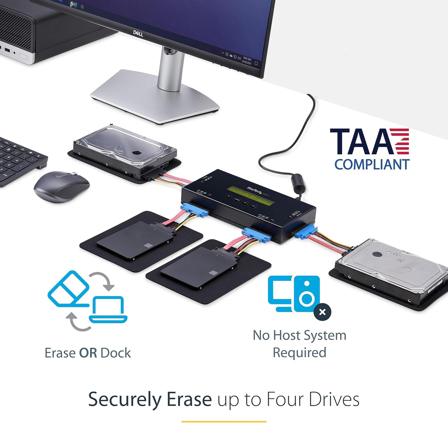 StarTech.com 4 Bay SSD/HDD Hard Drive Eraser, 2.5/3.5" SATA, Hostless Standalone Secure Erase, Disk Sanitizer, Hardware Wiper Erasing Tool, 9 Modes, RS232 Printer Port, NIST/DOD, LCD, TAA (SATERASER4)
