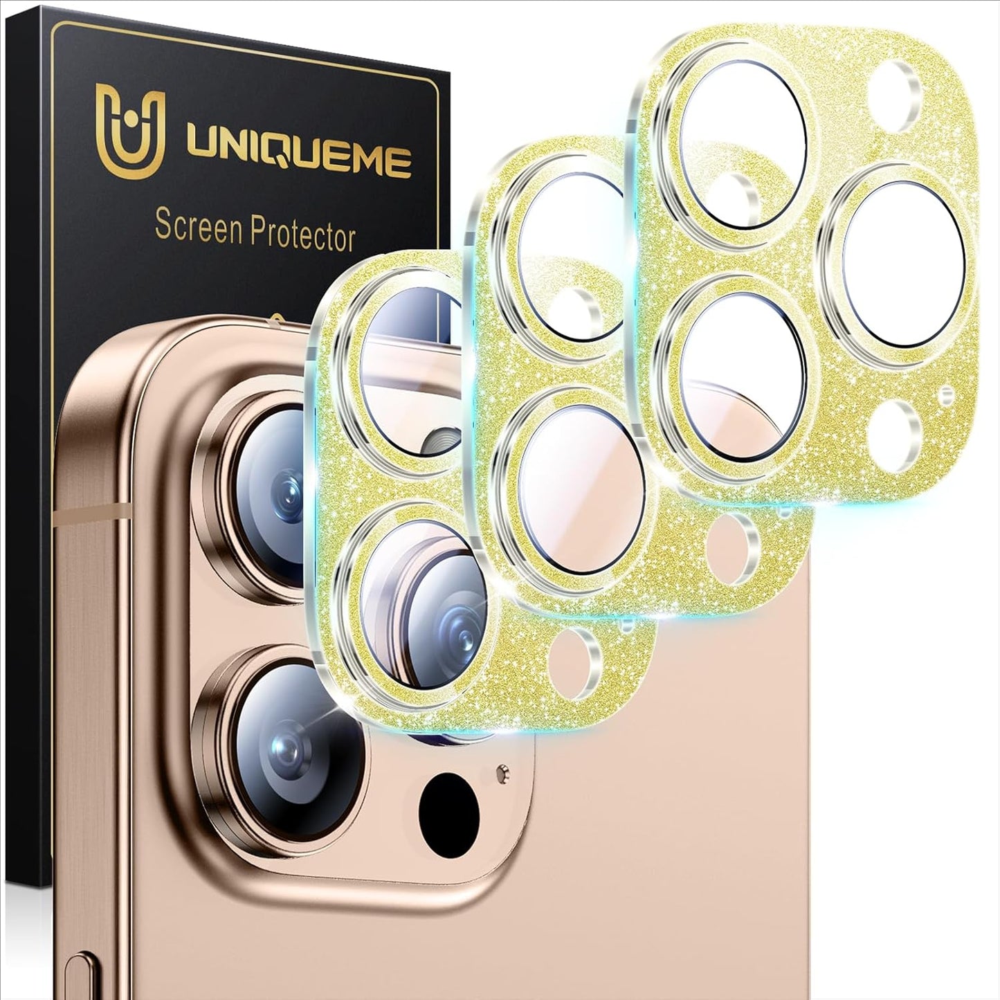 UniqueMe for 3 Pack iPhone 16 Pro/iPhone 16 Pro Max Camera Lens Protector - [Drop Protection] [Case Friendly] 9H Tempered Glass Camera Cover Screen [Update New Version] - Glitter Gold