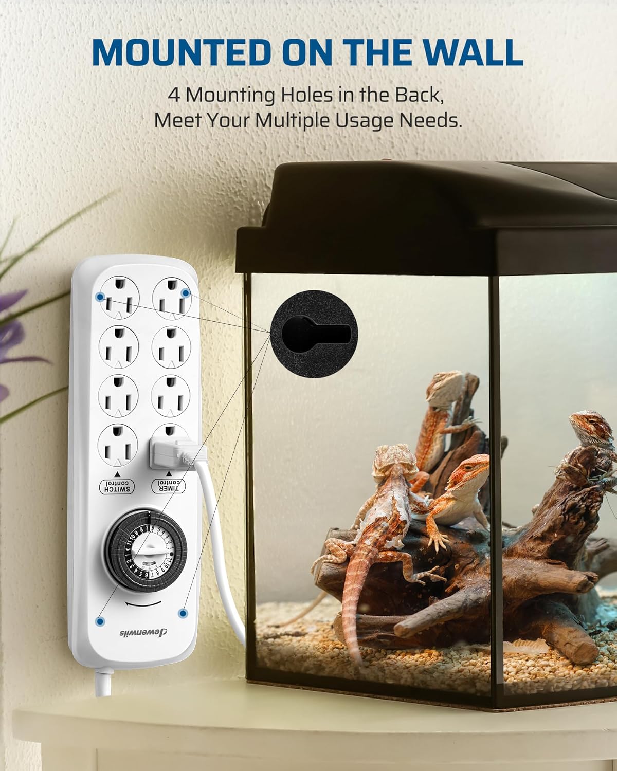 DEWENWILS Mechanical Timer Power Strip with 8 Outlets, Flat Plug, 6ft Long Cord, Overload Protection, Indoor Timer for, Bearded Dragon Tanks, Aquarium, Grow Lights, Plants, Reptile Light, UL Listed