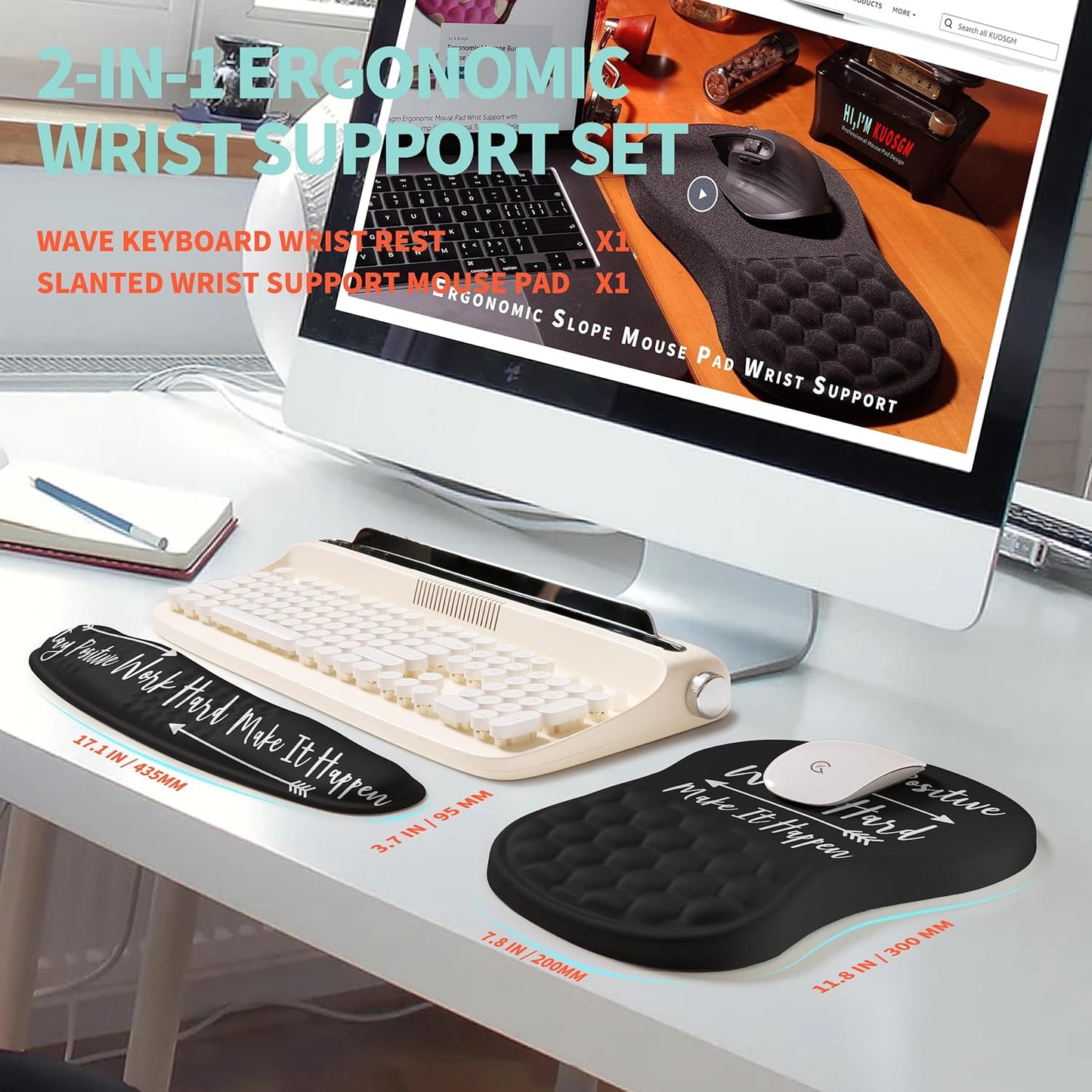 2-in-1 Ergonomic Set, Wave Rise Keyboard Wrist Rest and Massage Bulge Slope Mouse Pad Wrist Support, Cushion Memory Foam Integrated to Relieve Wrist Pain, Stay Positive