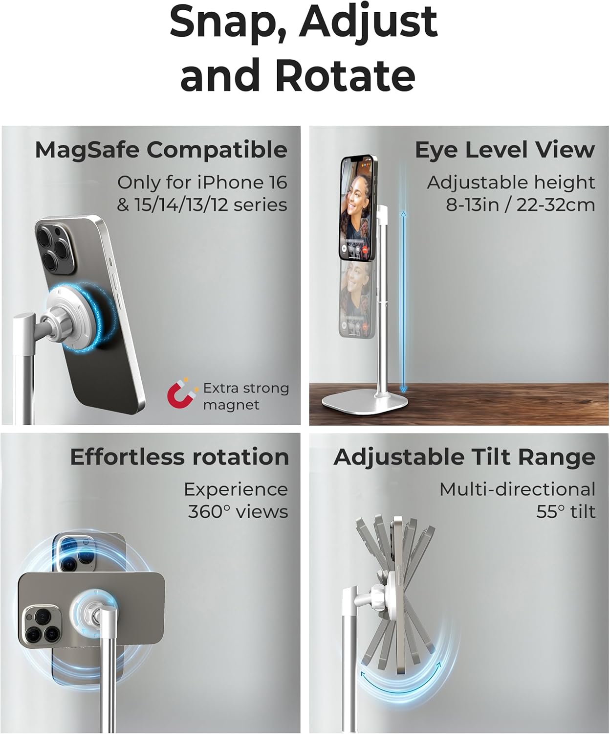 COOPER MagStand - Adjustable Magnetic iPhone Stand for Desk & Phone Holder for Video Recording, Compatible with MagSafe, Stand for iPhone 16 Pro Max, 15/14/13/12, Small Mag Safe Tripod (Cream White)