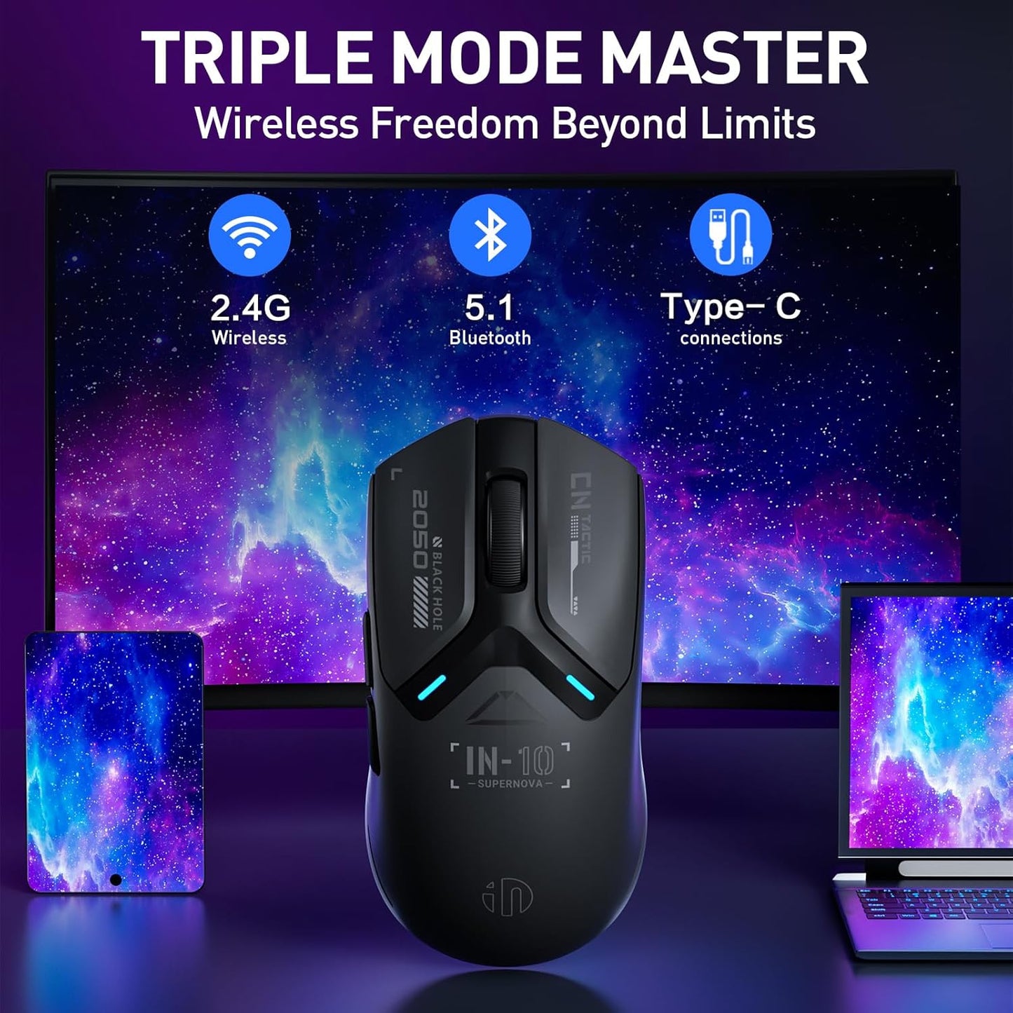 INPHIC IN10P Superlight Wireless Gaming Mouse, 60g, 8K Polling Rate, 26,000 DPI, Tri-Mode, PAW3395 Sensor, Fully Programmable