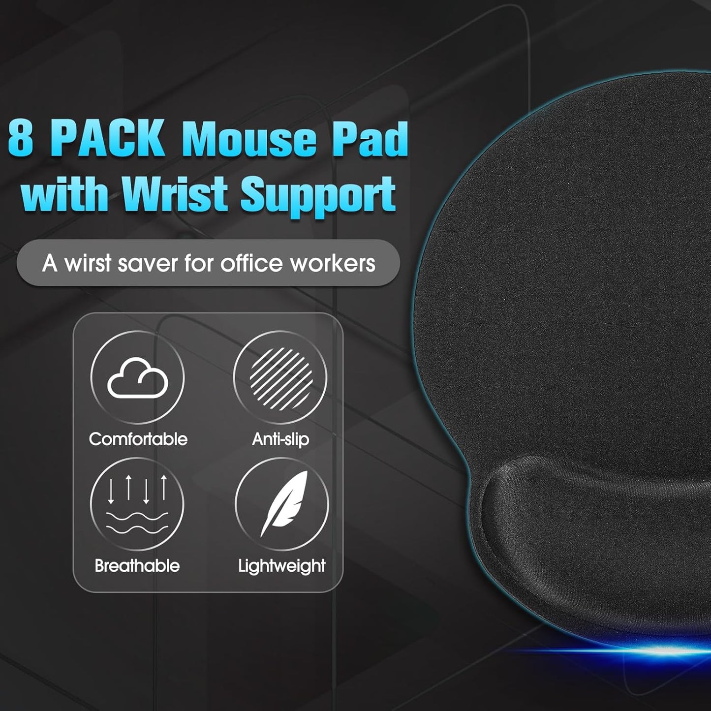 Yunsailing 8 Pack Ergonomic Mouse Pad with Wrist Rest Support Gel Memory Foam Mouse Pad Comfortable Computer Mouse Pad for Laptop Pain Relief Mousepad for Laptop, Computer, Gaming (Solid Black Style)