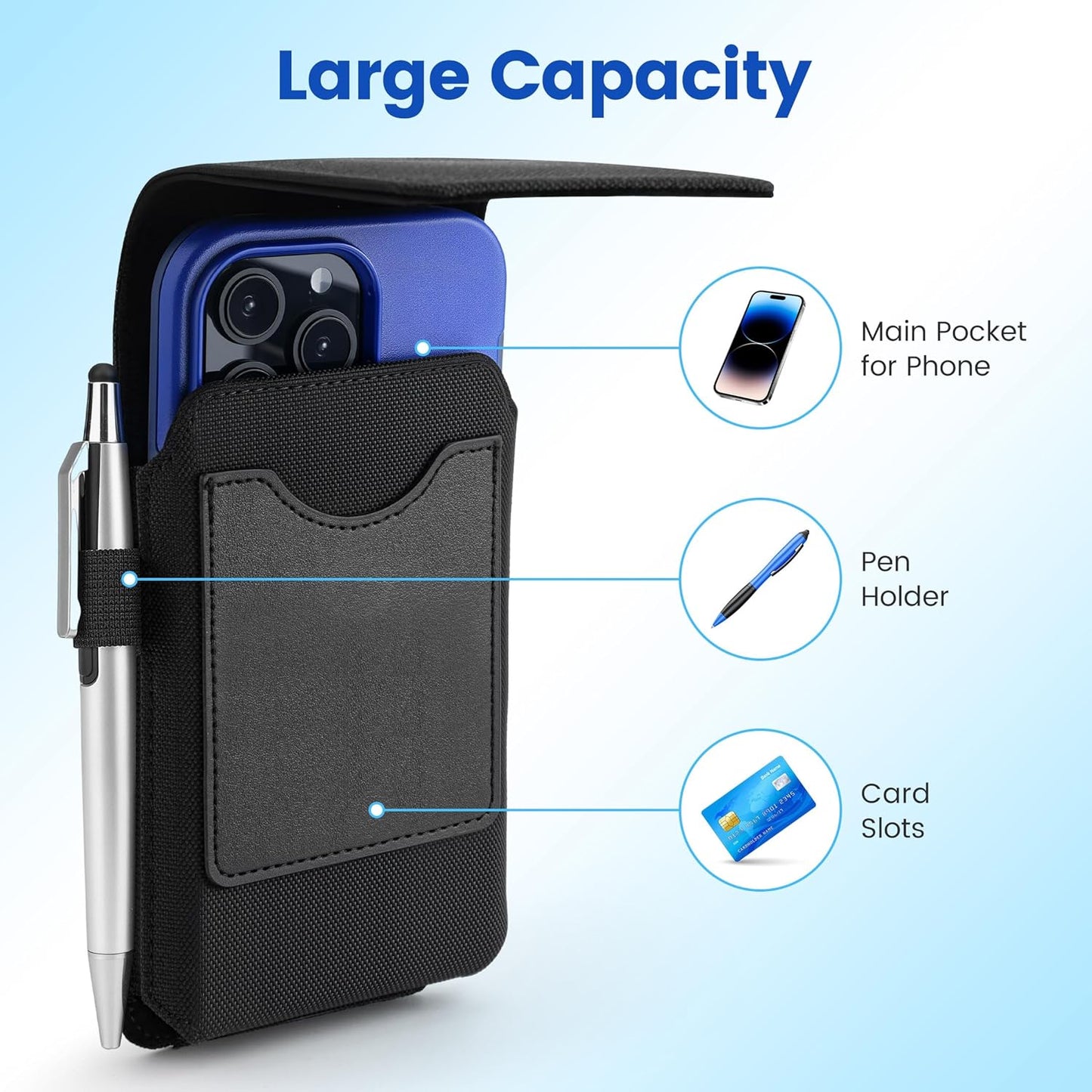 Mopaclle Nylon Holster with Carabiner Clip, Rugged Cell Phone Belt Holder for iPhone 17 Pro Max/Air,iPhone 16 Pro Max,15 14 13 Pro Max & Plus Galaxy S25+ S24+ S23+ & FE Models – Fits with Case On