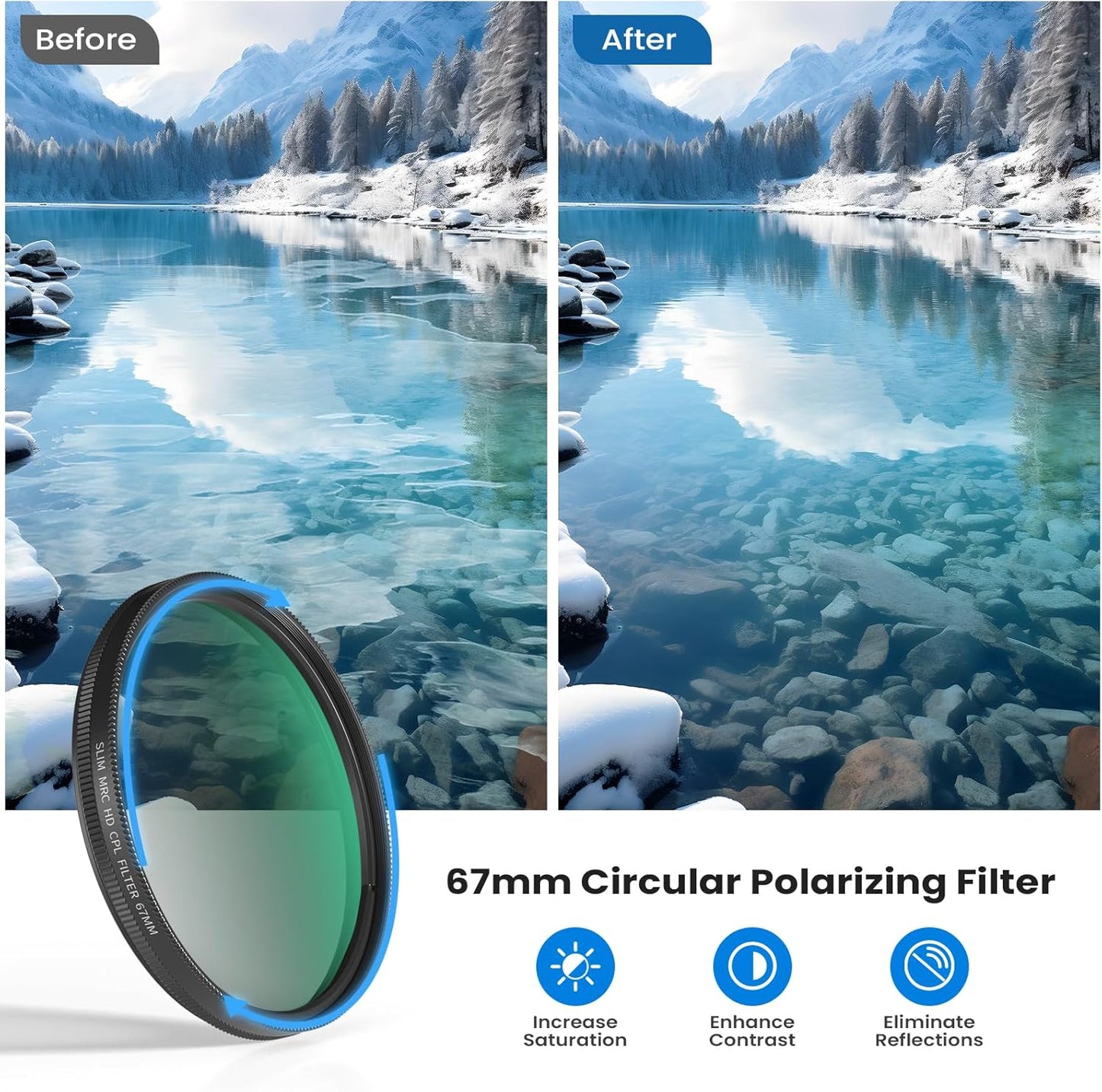 67mm CPL Filter for Phone/DSLR, HD Circular Polarizer Polarizing Filter with Universal Clip, Adapter Ring, Lens Attachment for iPhone 16 15 14 13 12 Samsung Galaxy Pixel and Other Smart Phones/Camera