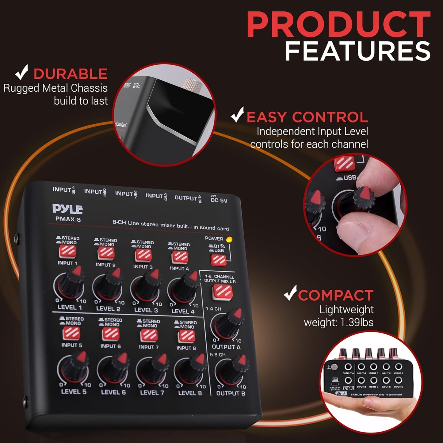 Pyle 8-Channel Wireless BT Streaming Mini Line Mixer with USB Audio Interface - 8 Mono/Stereo Switching Inputs | Ultra-low Noise Design with High Headroom | Built-in USB Sound Card - PMAX8