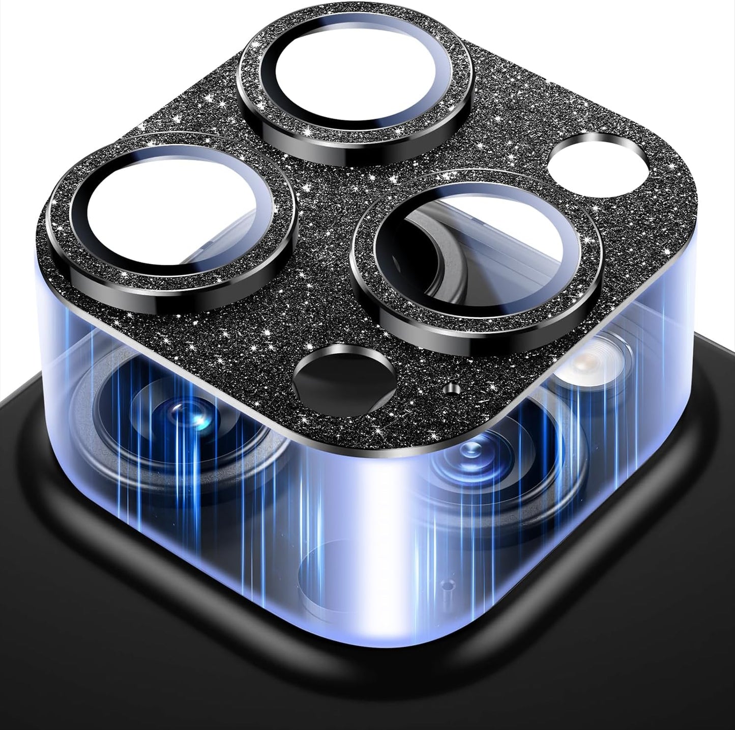 Uyiton Compatible with iPhone 16 Pro/iPhone 16 Pro Max Camera Lens Protector - [Not Easy to Break][Strong Adsorption][Case-Friendly] Metal Tempered Glass Rear Camera Screen Cover - Glitter Black