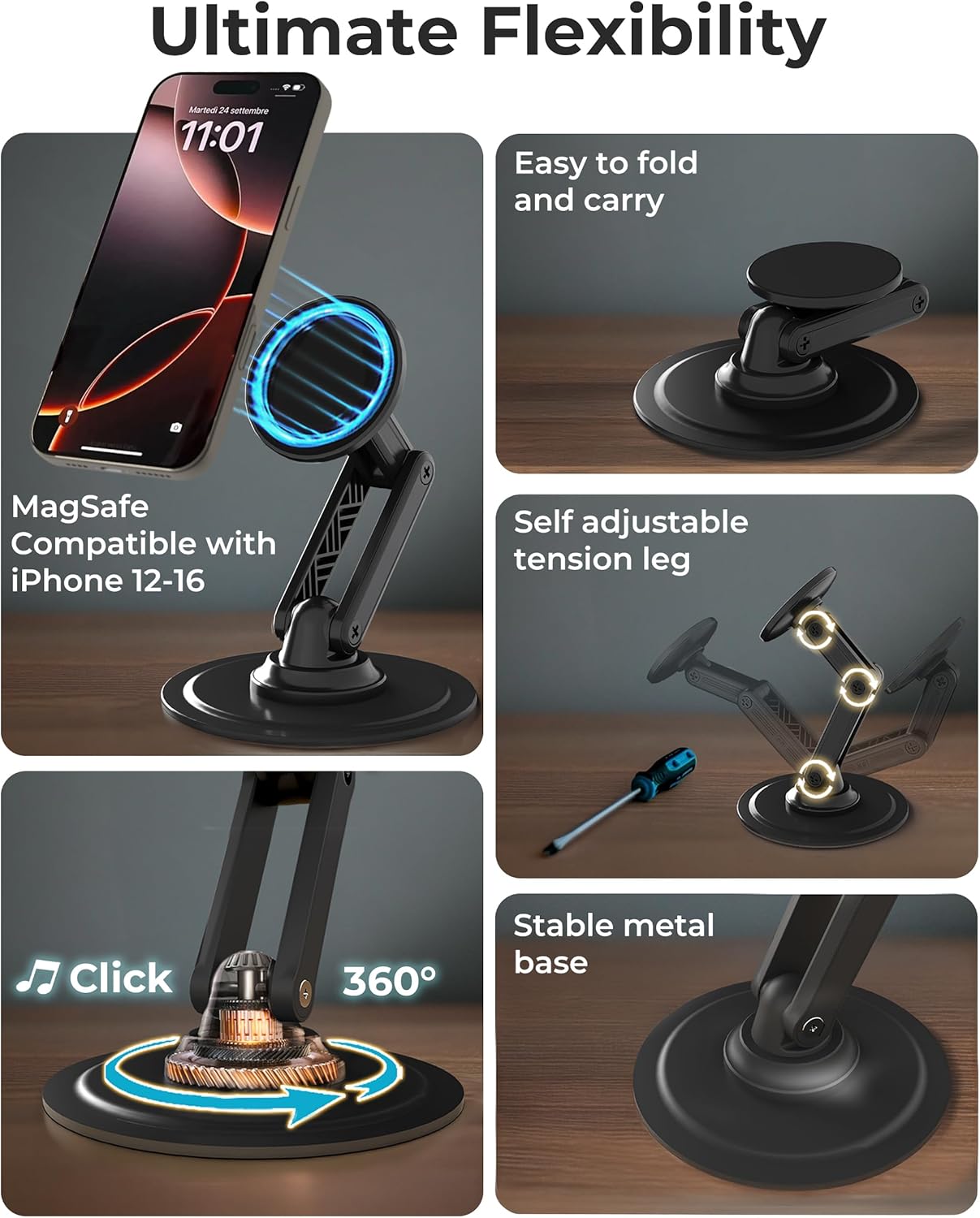 COOPER Magnetic Phone Stand for Desk, Mag360 Adjustable MagSafe Stand for iPhone 16 Pro Max, 15 14 13 12 & Plus | 360° MagSafe Phone Holder, Strong Magnetic Mag Safe, Foldable 3-Axis Leg (Black)