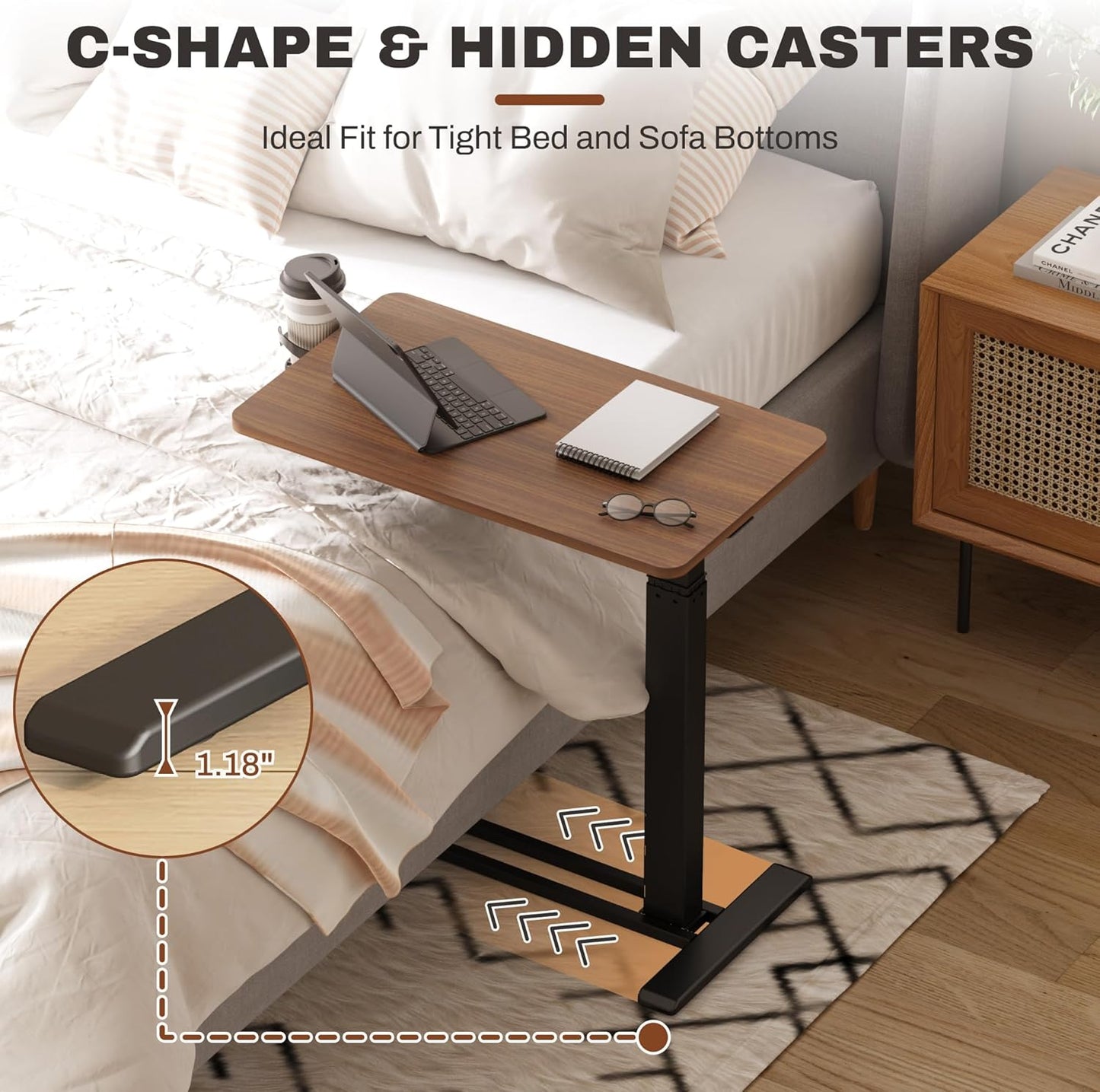 FLEXISPOT Mobile Standing Desk with Wheels Pneumatic Laptop Desk Rolling Computer Cart Movable Height Adjustable Small Sit Stand Desk Computer Workstations Home Use(27.6" W x 15.7" D,Mahogany)