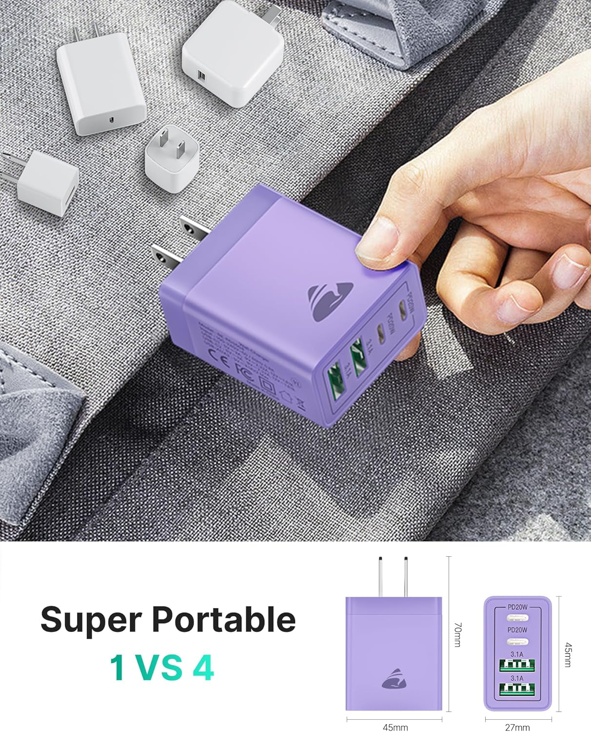 USB C Wall Charger Block 2-Pack, Aiminu 40W 4-Port PD Power Delivery Fast Type C Charging Block Plug Adapter for iPhone 15/14/13/12/11/Pro Max, XS/XR/X, iPad, Samsung, Android Phones Charger Cube