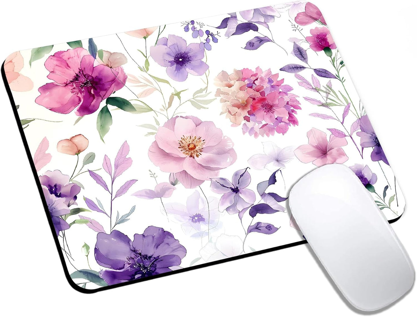 Mouse Pad, Cute Purple Watercolor Flowers Mouse Pads for Desk, 9.5" x 7.9" Non-Slip Rubber Base Computer Mousepad with Women, Portable Square Design for Wireless Mouse and Pad Laptop Office & Travel