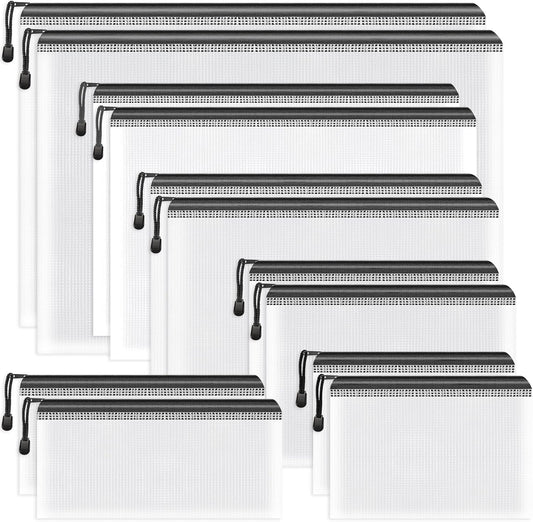 Umriox Zipper Bags, 6 Assorted Size (Black, 12 Packs), Project Bags for Cross Stitch, Mesh Zipper Pouch for Office Supplies Travel Accessories and Board Games Storage