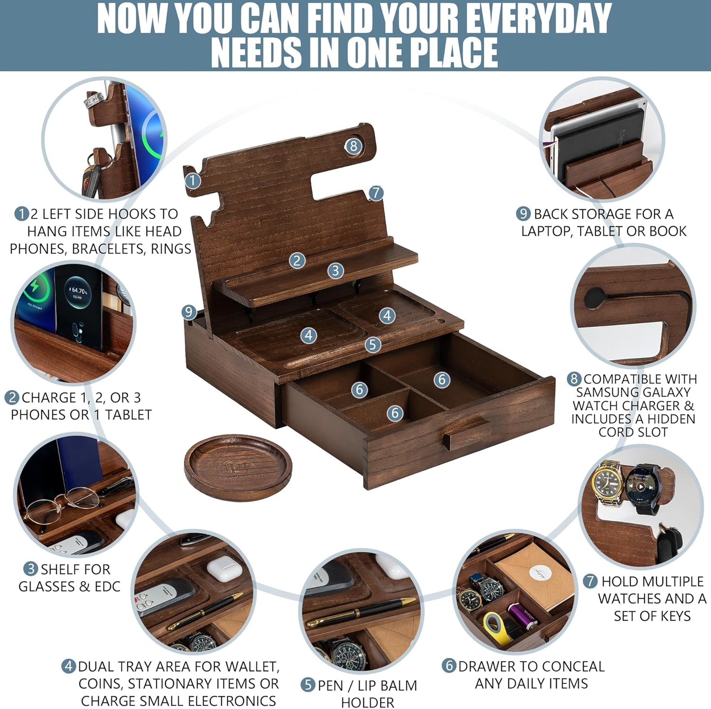 Wood Phone Docking Station for up to 3 Phones, Samsung Galaxy Watch Compatible Nightstand Organizer with Drawer for Valuables for Men & Women, Holds Phones, Tablets, Keys, Rings, Glasses, Watches, EDC