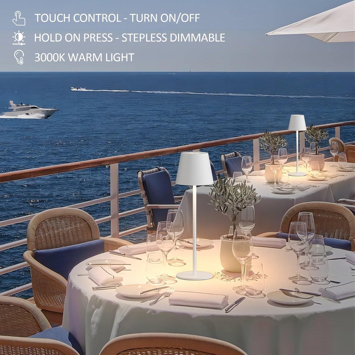 2-Pack White Cordless Table Lamp,Rechargeable LED Desk Lamp,5000mAh Battery Operated Lamp,3000K Warm Light Stepless Dimming,IP54 Waterproof Portable Table Light for Restaurant/Camping,White