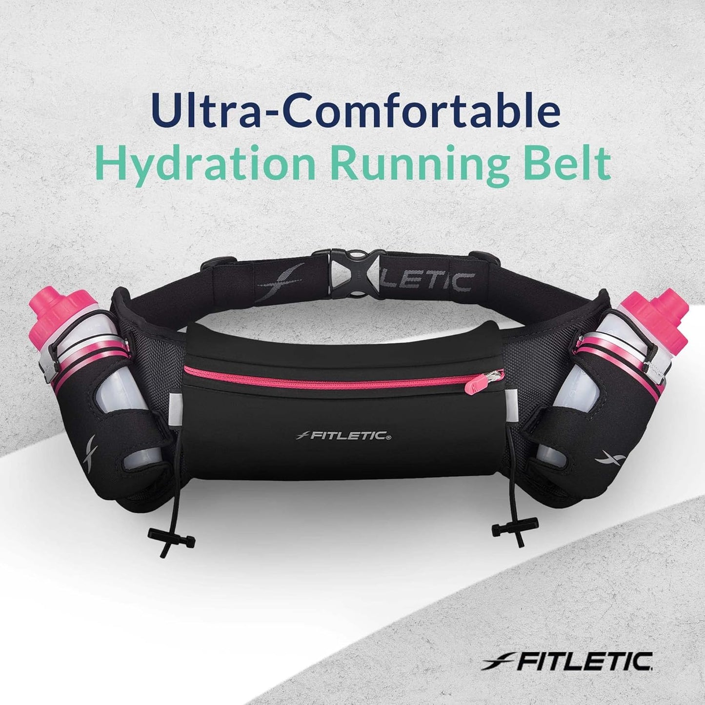 Fitletic Hydration Running Belt with Water Bottles for Men & Women – 2 Quick Flow 8oz Running Water Bottles, Patented Bounce Free Design, Water Resistant Pouch Fits All Phones – Hydra 16