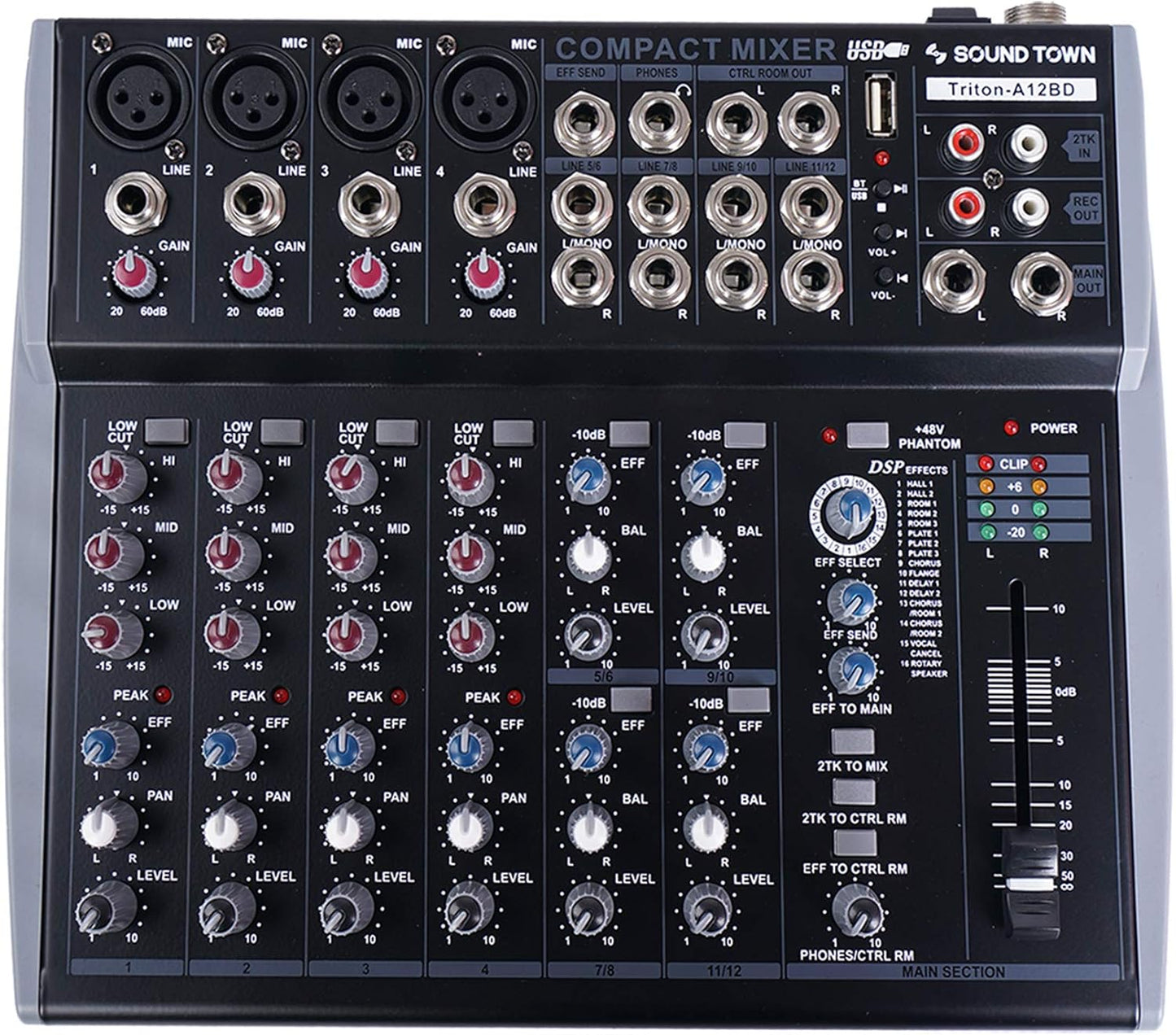 Sound Town Professional 12-Channel Audio Mixer with USB interface, Recording, EQ, Bluetooth, DSP and 48V Phantom (TRITON-A12BD)