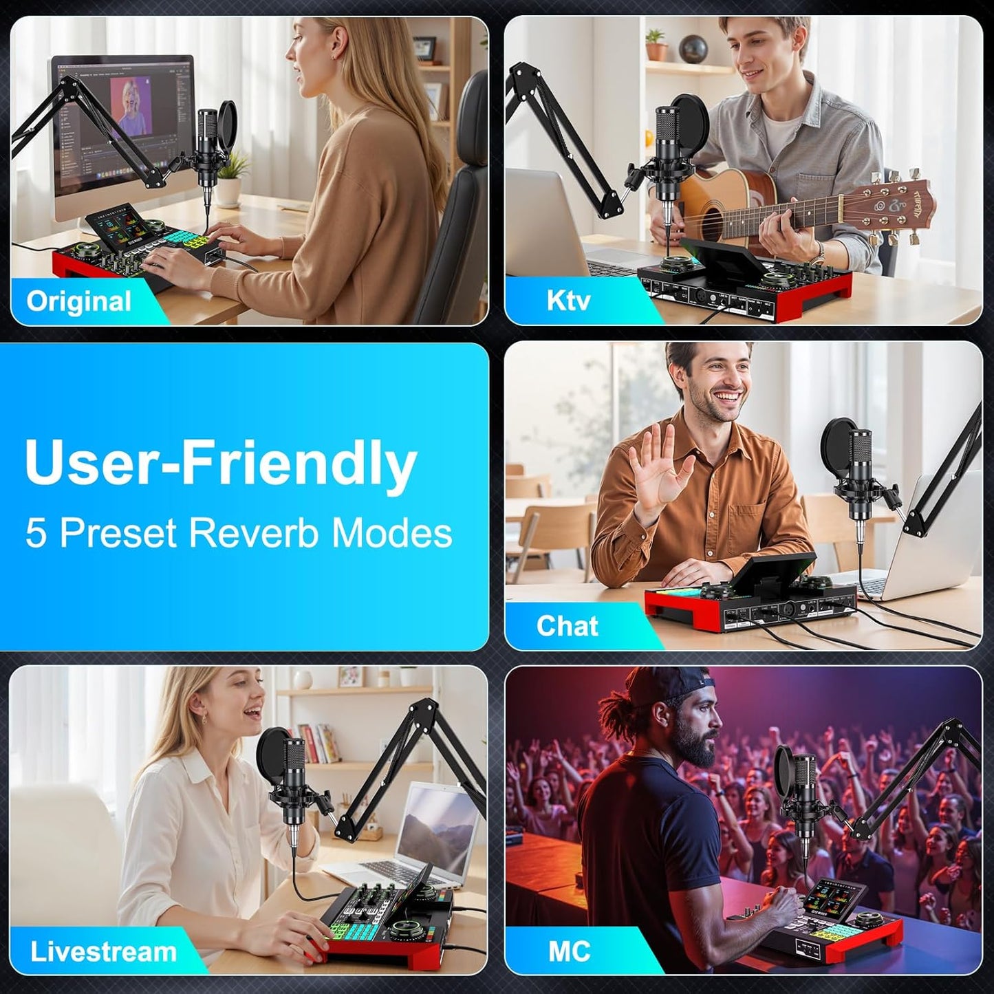 Podcast Equipment Bundle with 3.5mm Condenser Microphone for Pc/Phone Live Streaming Singing Gaming, Podcast Microphone Bundle with Live Sound Board Audio Mixer,Voice Changer, Denoise,DJ Sets