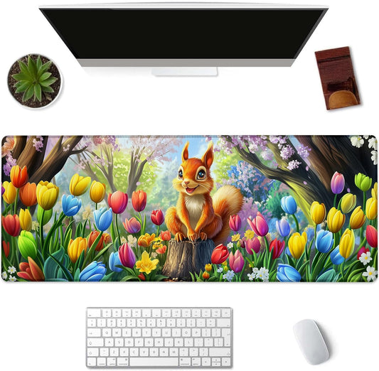 Adorable Squirrel Gaming Mouse Pad, Colorful Tulip Mousepads for Gaming Home Office Work, Extended Mats Computer Keyboard Laptop, 31.5×11.8 Inch Large Desk Mat with Non-Slip Rubber Base