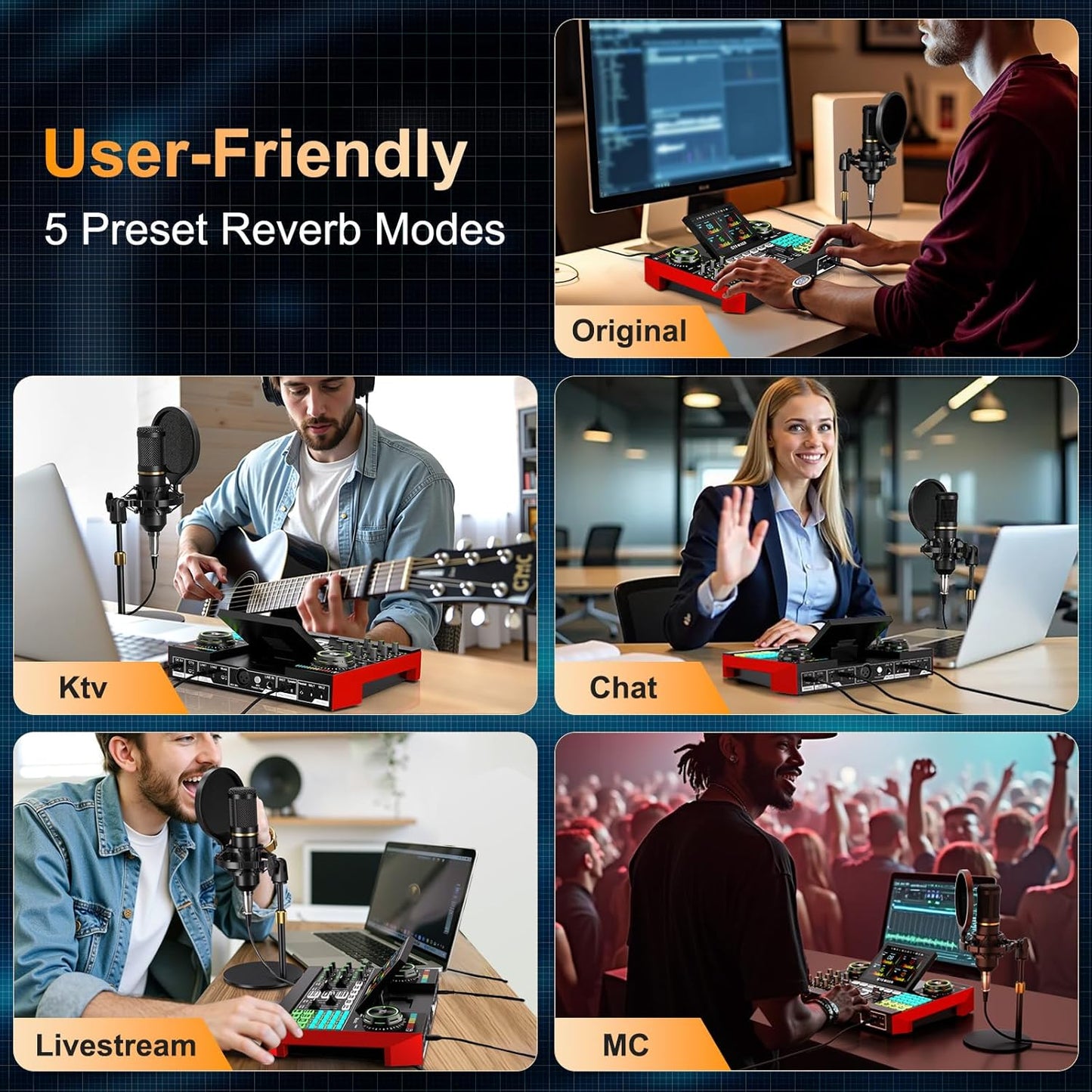 Audio Mixer, Sound Board for Pc/Phone Live Streaming Singing Gaming, Sound Mixer for 3.5mm/Xlr Dynamic/48V Microphone, Live Sound Card with DJ Mixer Effects & Voice Changer, Denoise, One Click Mute