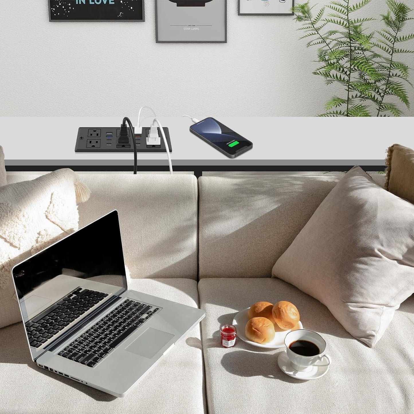 Recessed Power Strip with PD 30W Fast Charging, Conference Desk Flush Mount Outlets Plug in 6 Outlets & 8 USB Ports,3FT Cord Furniture Drawer Outlet Black