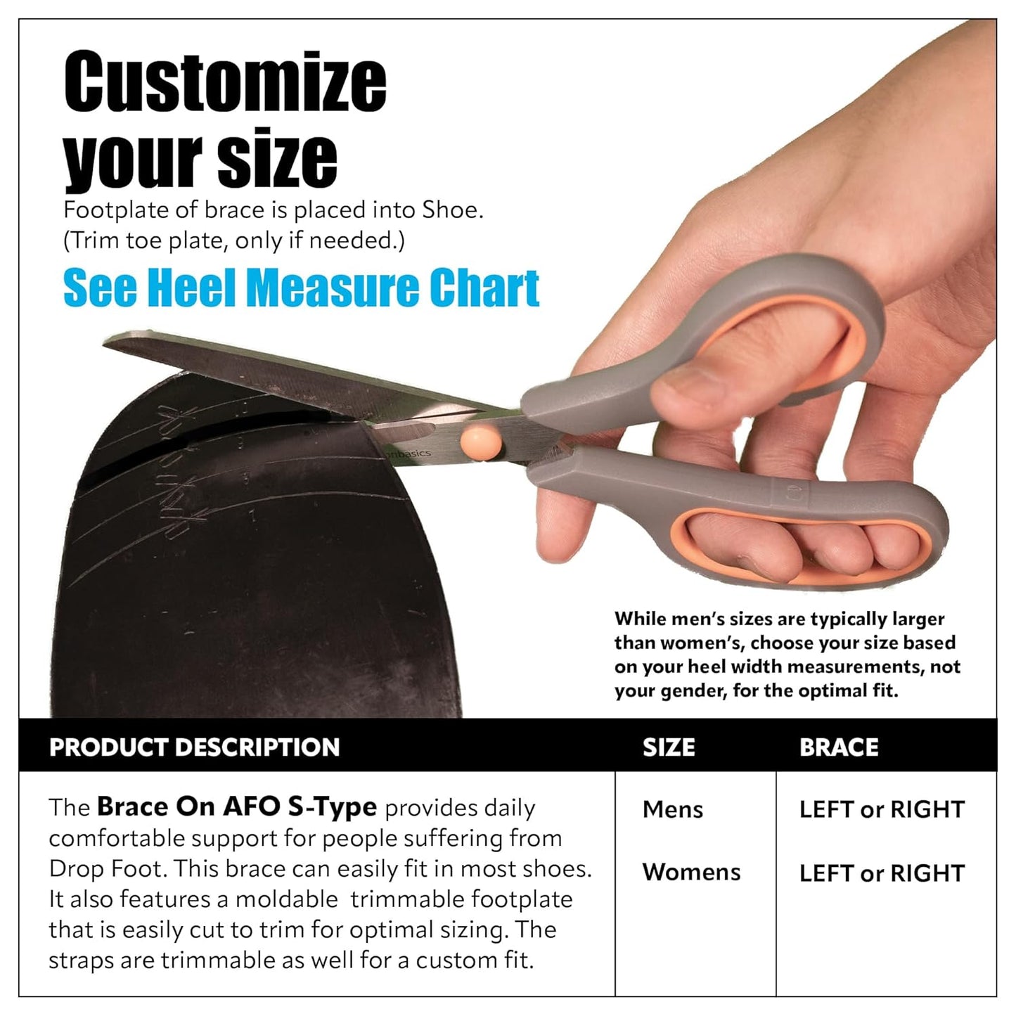 Brace On AFO S-Type - Drop Foot Stabilizer Brace, Moldable, Trimmable, Lightweight Polyethylene, Braces for Men, AFO Brace and Foot Drop Braces, Boot for Injured Foot, Men, Right