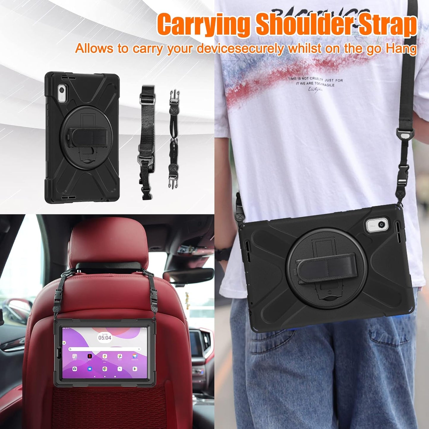 Junfire Shockproof Case for Lenovo Tab M9 2023 with Built-in Screen Protector, Heavy Duty Rugged Case with 360°Rotatable Kickstand/Hand Strap/Stylus Holder for TB-310FU/TB-310FX, Black