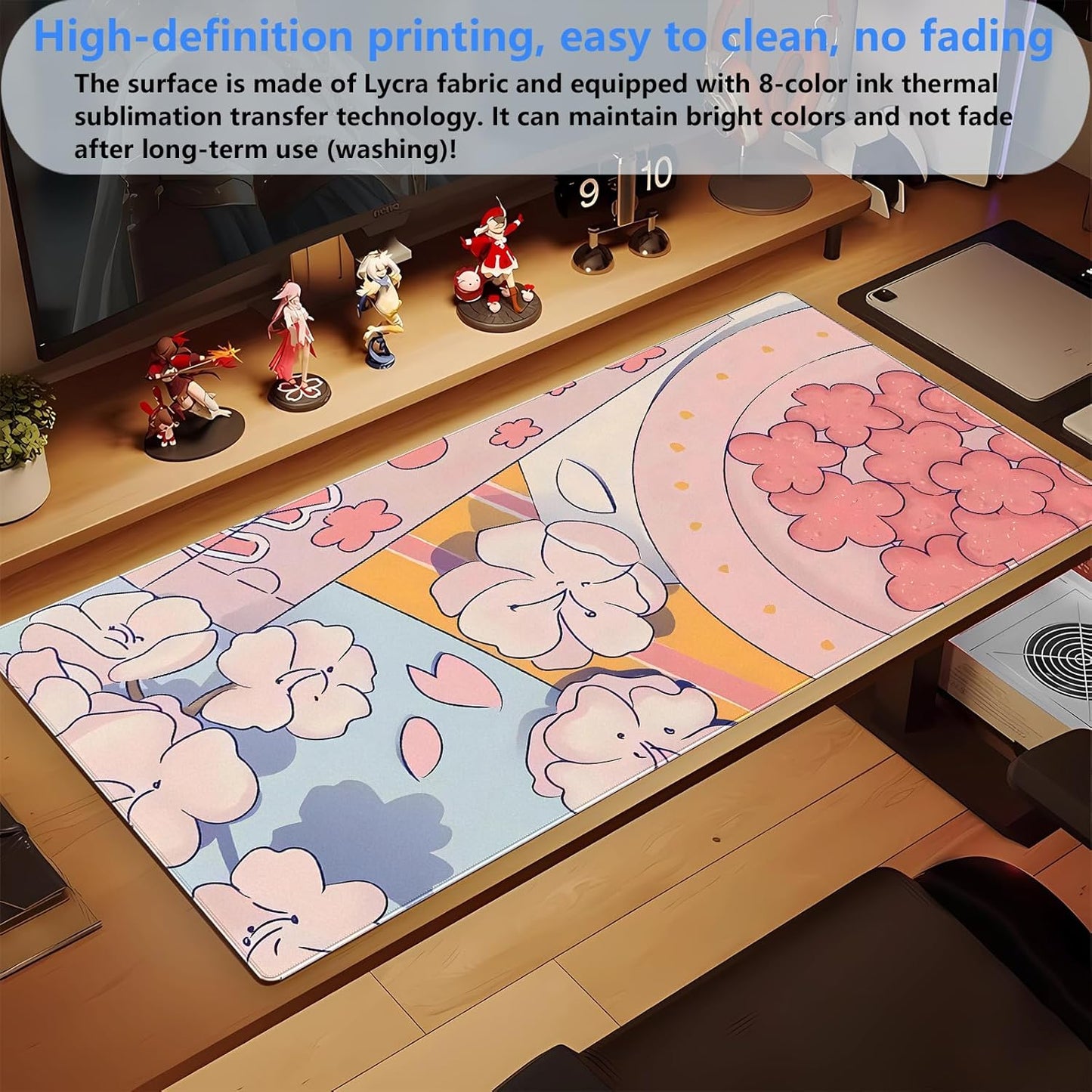 Pink Floral Mouse Pad XXL Cute Anime Gaming Desk Mat 31.5"x15.7", Thickened Rubber Base, Stitched Edge & Washable Design for Women, Office, Home