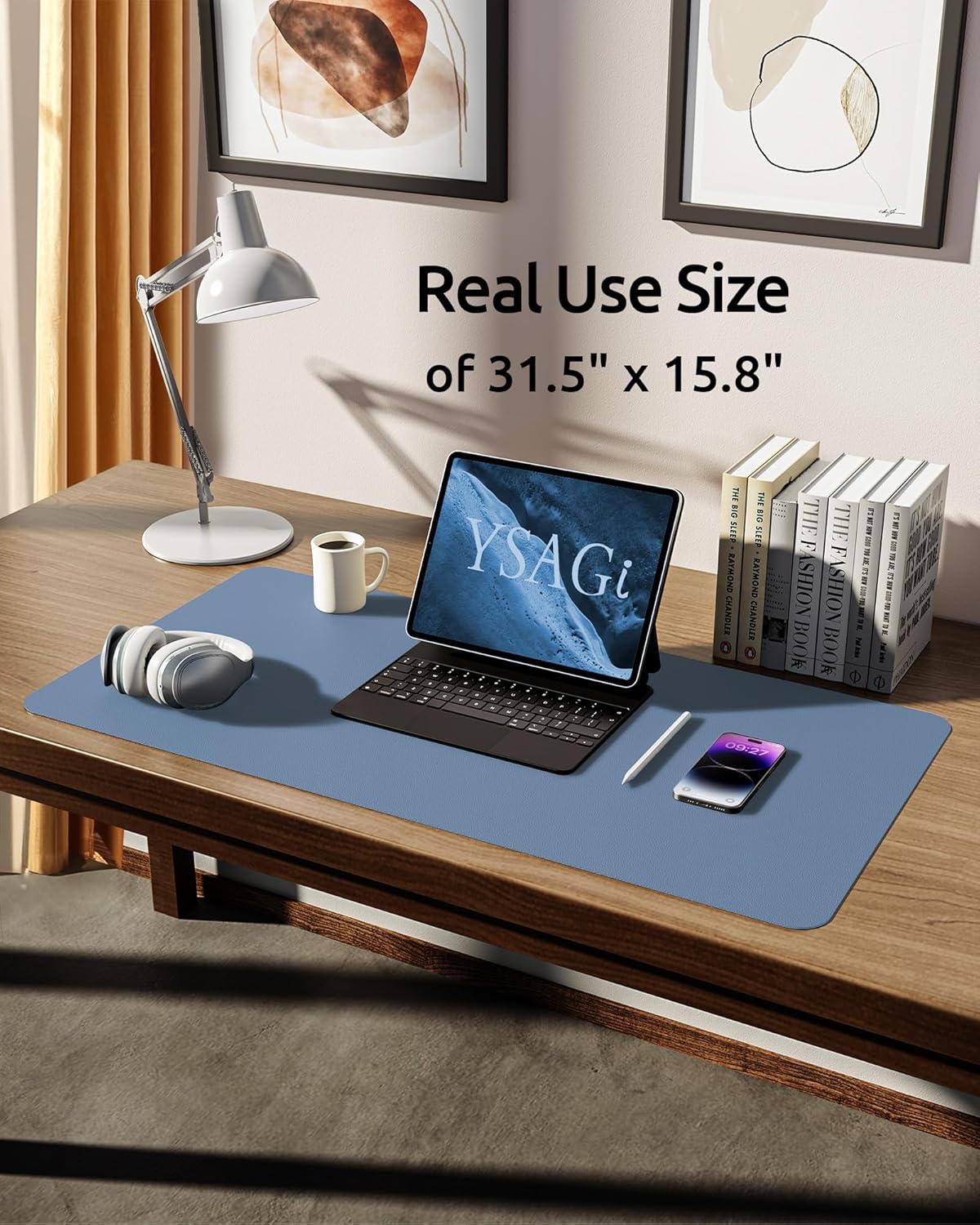 YSAGi Leather Desk Protector, Office Mat, Large Mouse Pad, Non-Slip PU Leather Blotter, Laptop Desk, Waterproof Writing Pad for Office and Home (Blue, 31.5" x 15.8")