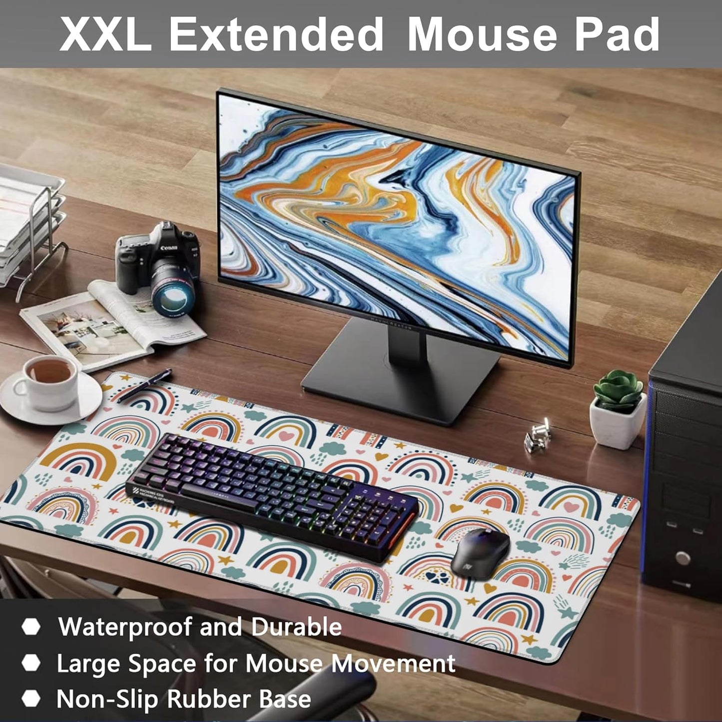 Mouse Pad, Large Boho Rainbow Desk Mat, Extended Non-Slip Gaming Keyboard Mousepad Desk Pad, Thick Stitched Edges Waterproof Mouse Mat 31.5"x15.7" (Scandi Rainbow and Stars Clouds)