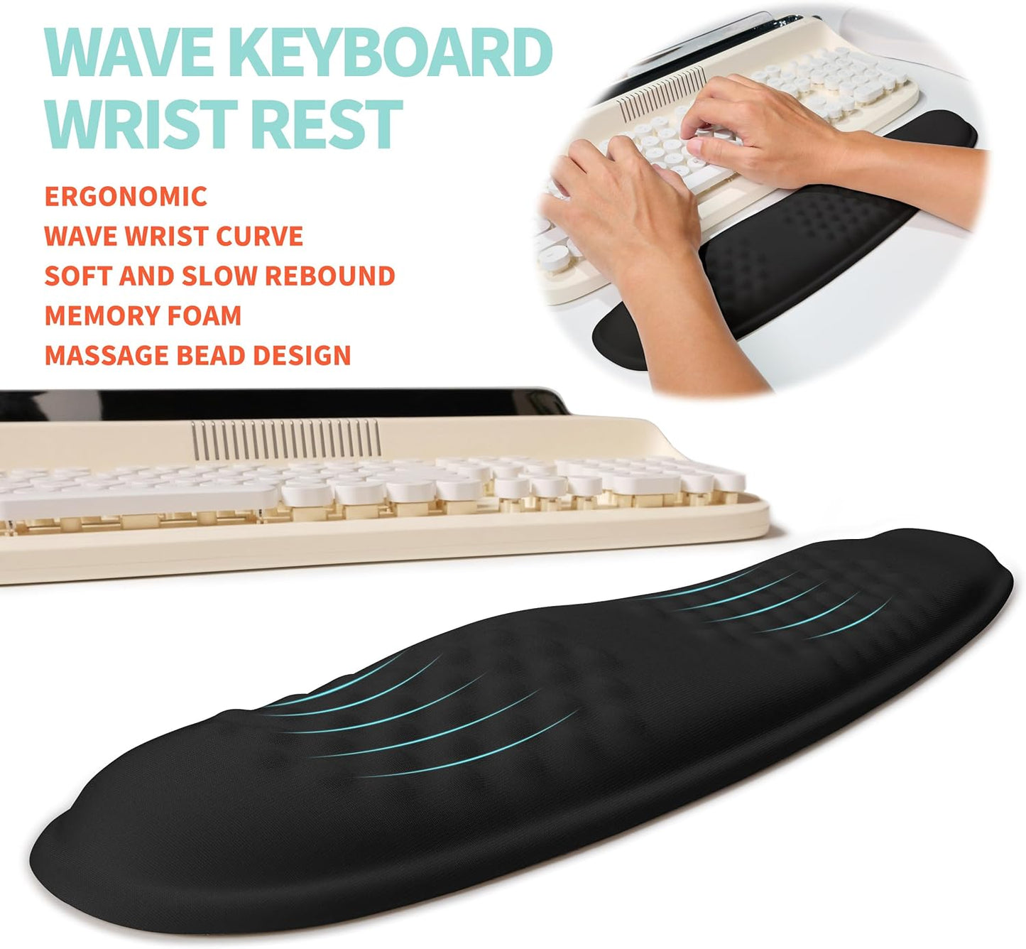2-in-1 Ergonomic Set, Wave Rise Keyboard Wrist Rest and Massage Bulge Slope Mouse Pad Wrist Support, Cushion Memory Foam Integrated to Relieve Wrist Pain, Black