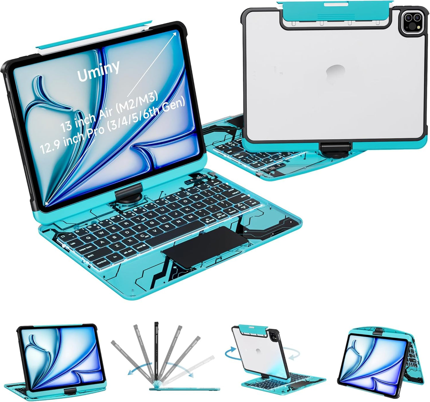 Keyboard Case for 12.9 inch iPad Pro 6/5/4/3rd Gen & 13 inch iPad Air (2025 M3, 2024 M2) Wireless Keyboard with Trackpad 7 Color Backlit, Transparent Protective Cover with Pencil Holder (Cyan)
