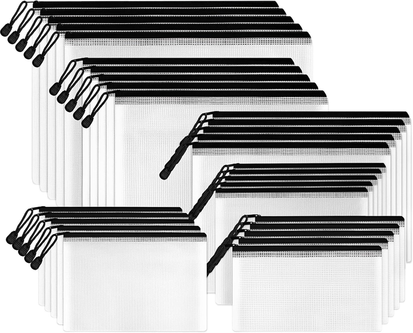 SUNEE Multisize Mesh Zipper Pouch (Black, 30 Packs), Mesh Bags with Zipper for School Office Supplies, Puzzles & Games, Accessories, Waterproof Zipper Pouches for Organizing