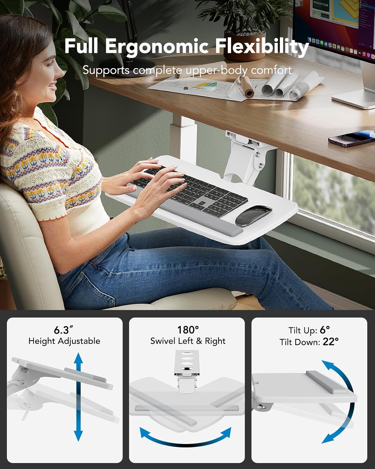 HUANUO Keyboard Tray Under Desk, 360 Adjustable Ergonomic Sliding Keyboard & Mouse Tray, 25" W x 9.8" D
